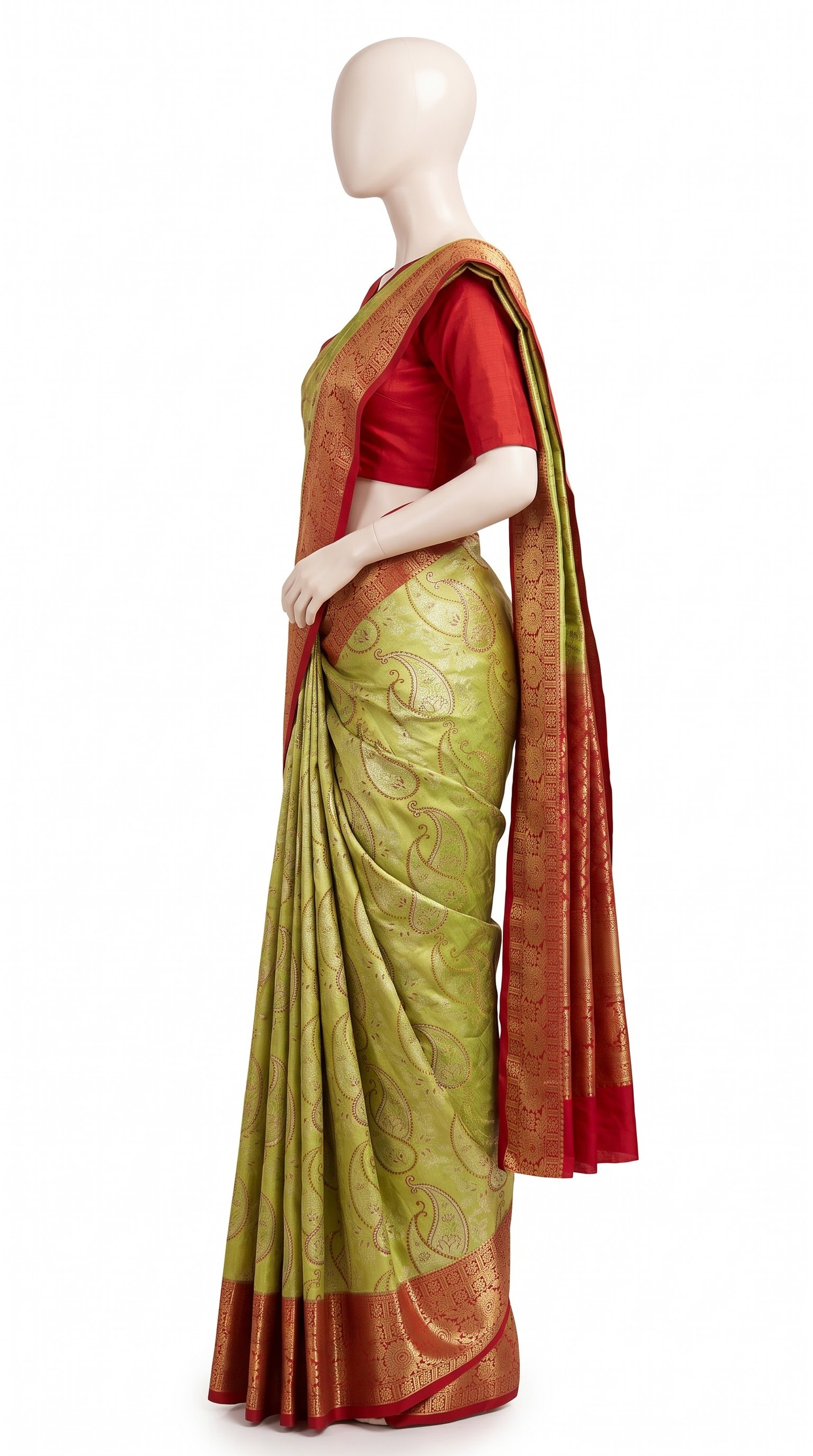Pure Kanjivaram Silk Saree – Green Red Paisley Floral view 3 - Rangam Saradha Silks