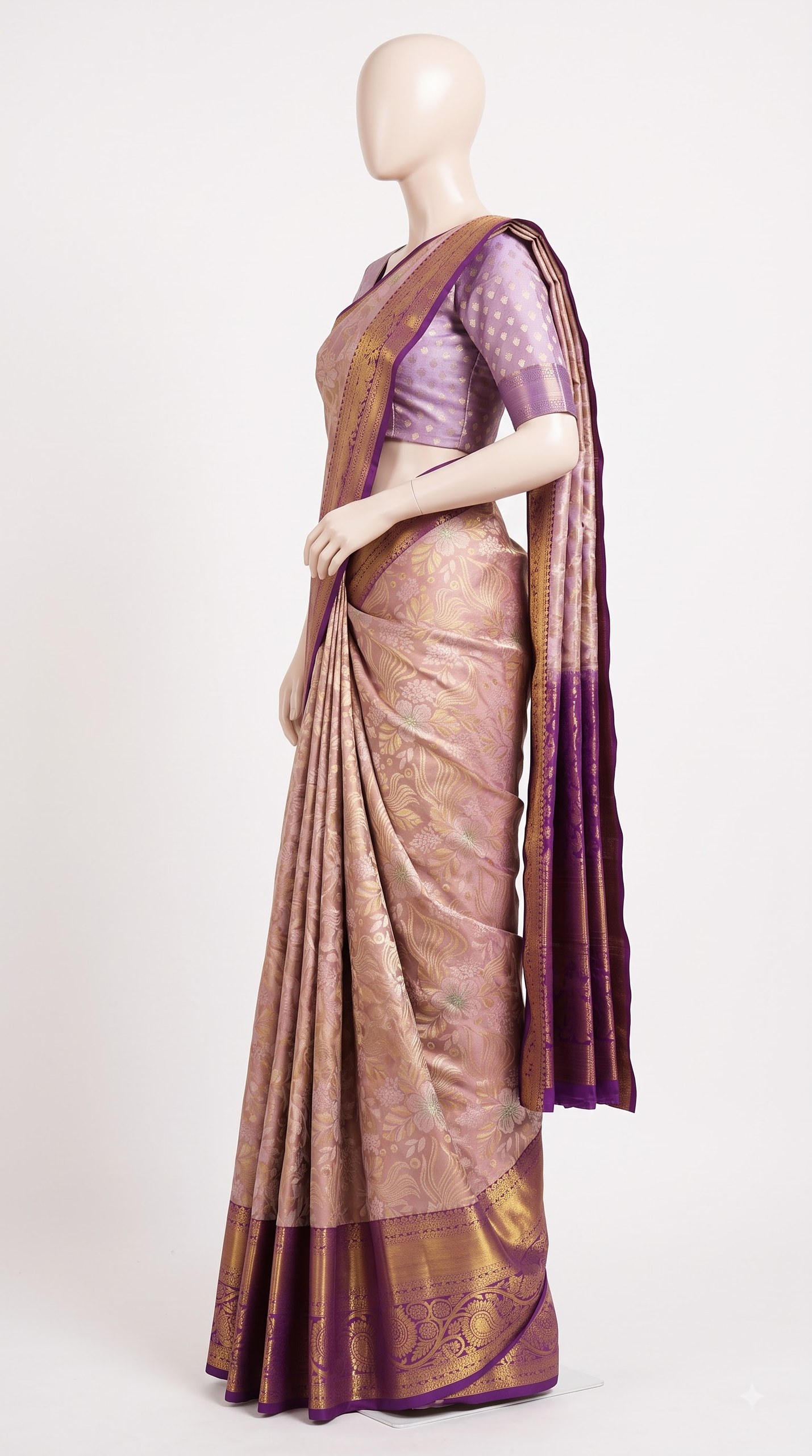 Pure Kanjivaram Silk Saree – Dusty Rose Purple Floral view 3 - Rangam Saradha Silks