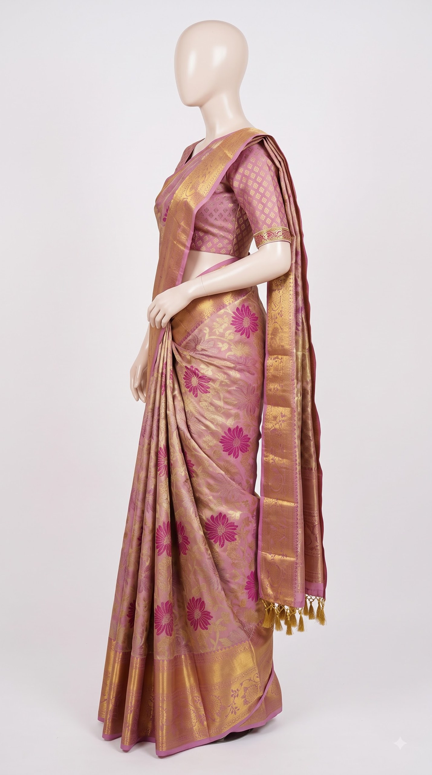 Pure Kanjivaram Silk Saree – Mauve Gold Purple Floral view 4 - Rangam Saradha Silks