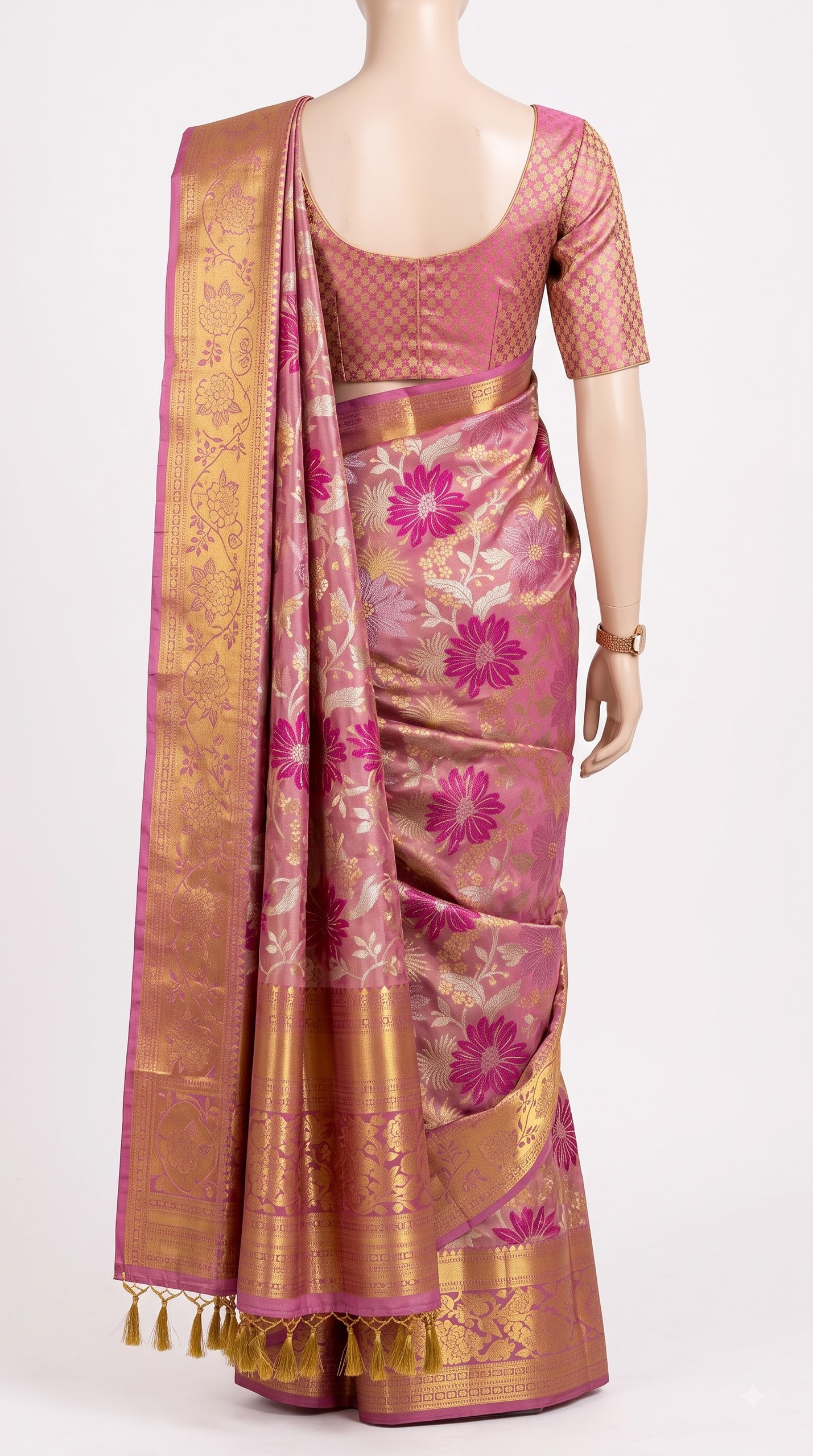 Pure Kanjivaram Silk Saree – Mauve Gold Purple Floral view 5 - Rangam Saradha Silks