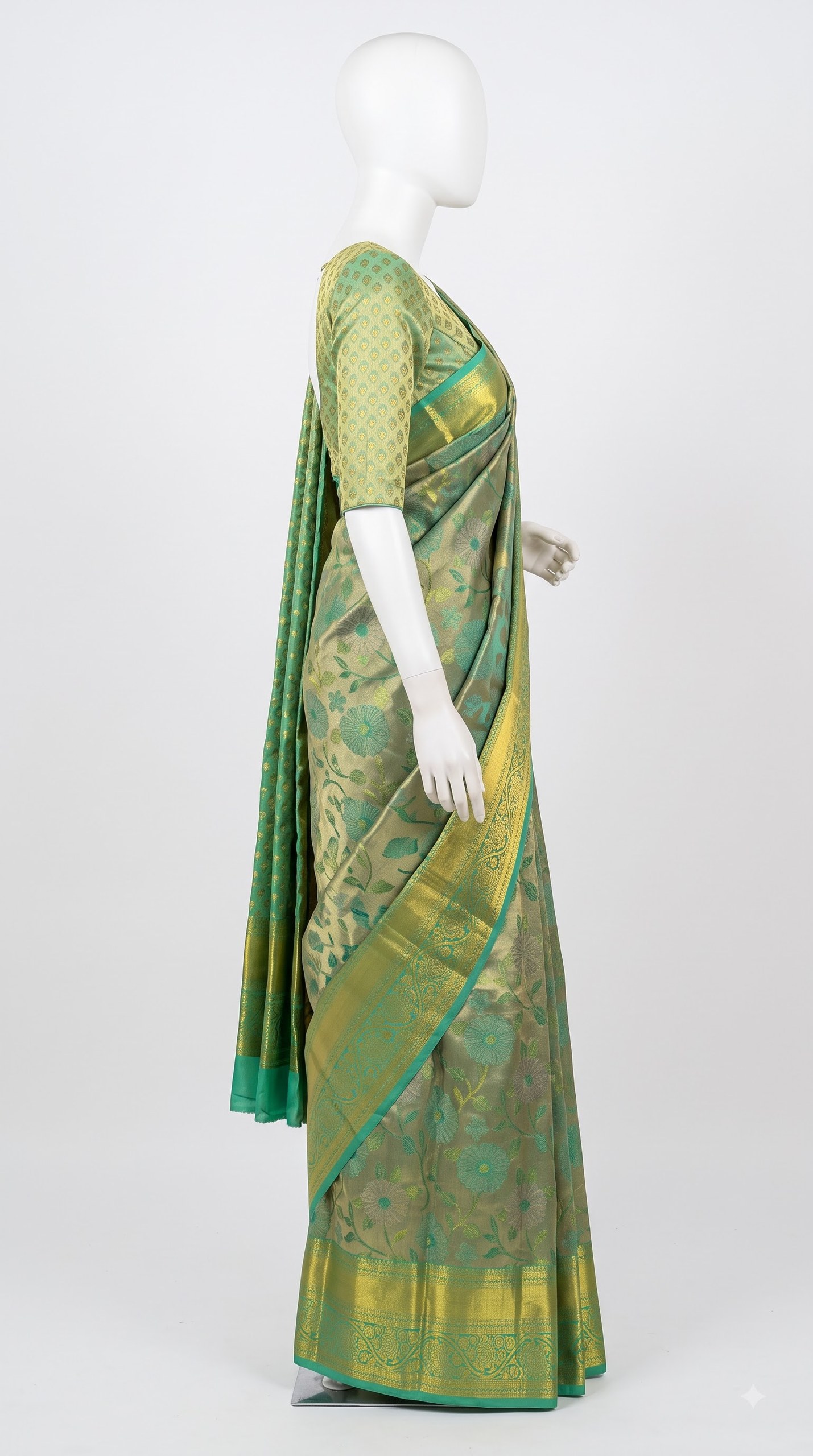 Pure Kanjivaram Silk Saree – Olive Green Teal Floral view 4 - Rangam Saradha Silks