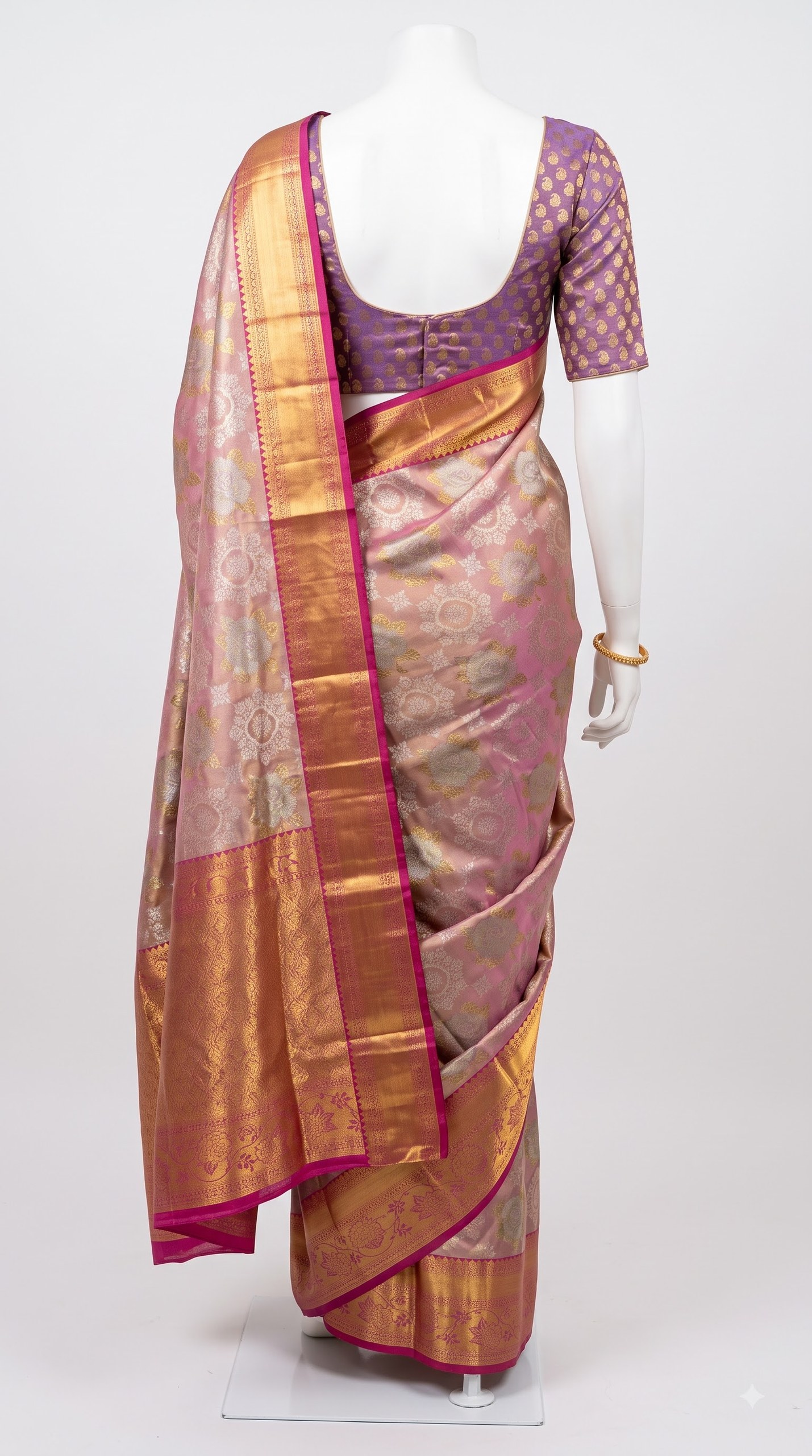 Pure Kanjivaram Silk Saree – Mauve Gold Sage Floral view 4 - Rangam Saradha Silks