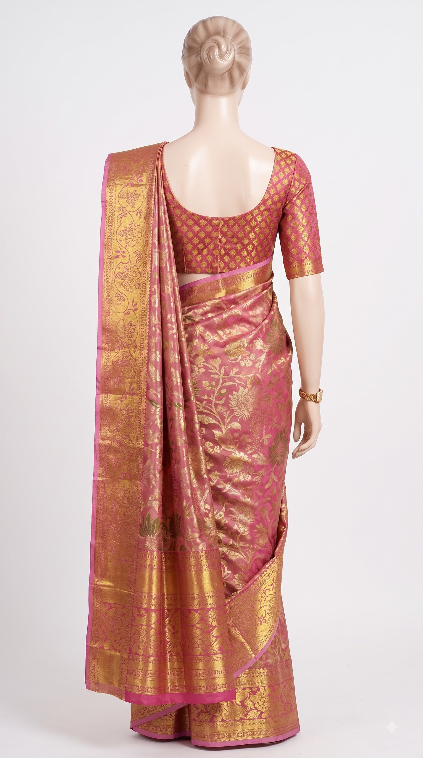 Pure Kanjivaram Silk Saree – Rose Pink Gold Floral view 5 - Rangam Saradha Silks