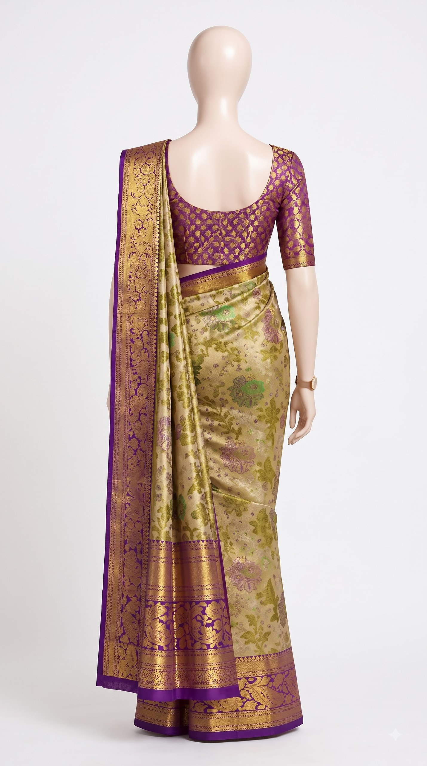 Pure Kanjivaram Silk Saree – Olive Green Purple Floral view 3 - Rangam Saradha Silks