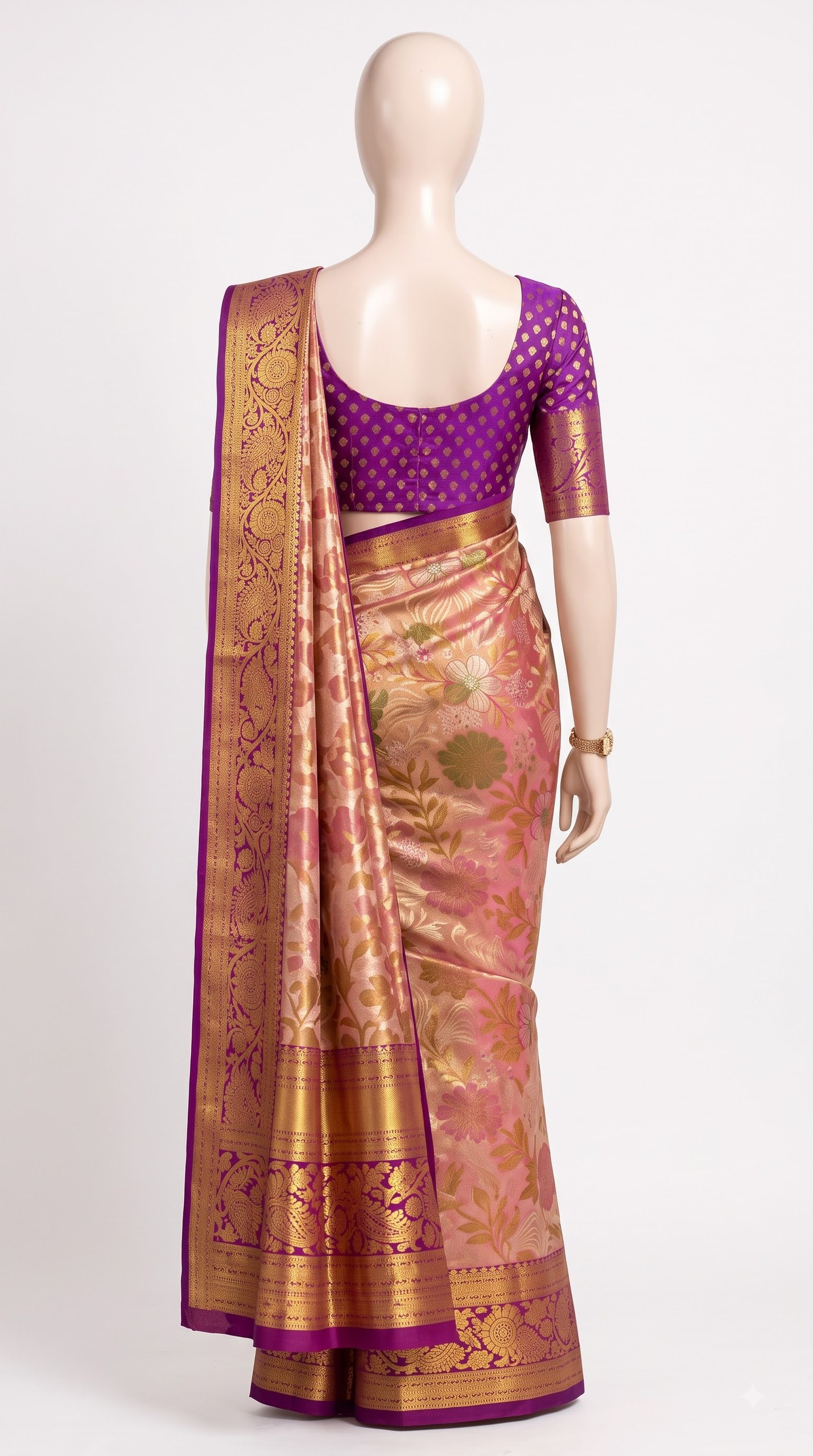 Pure Kanjivaram Silk Saree – Peach Wine Purple Floral view 4 - Rangam Saradha Silks