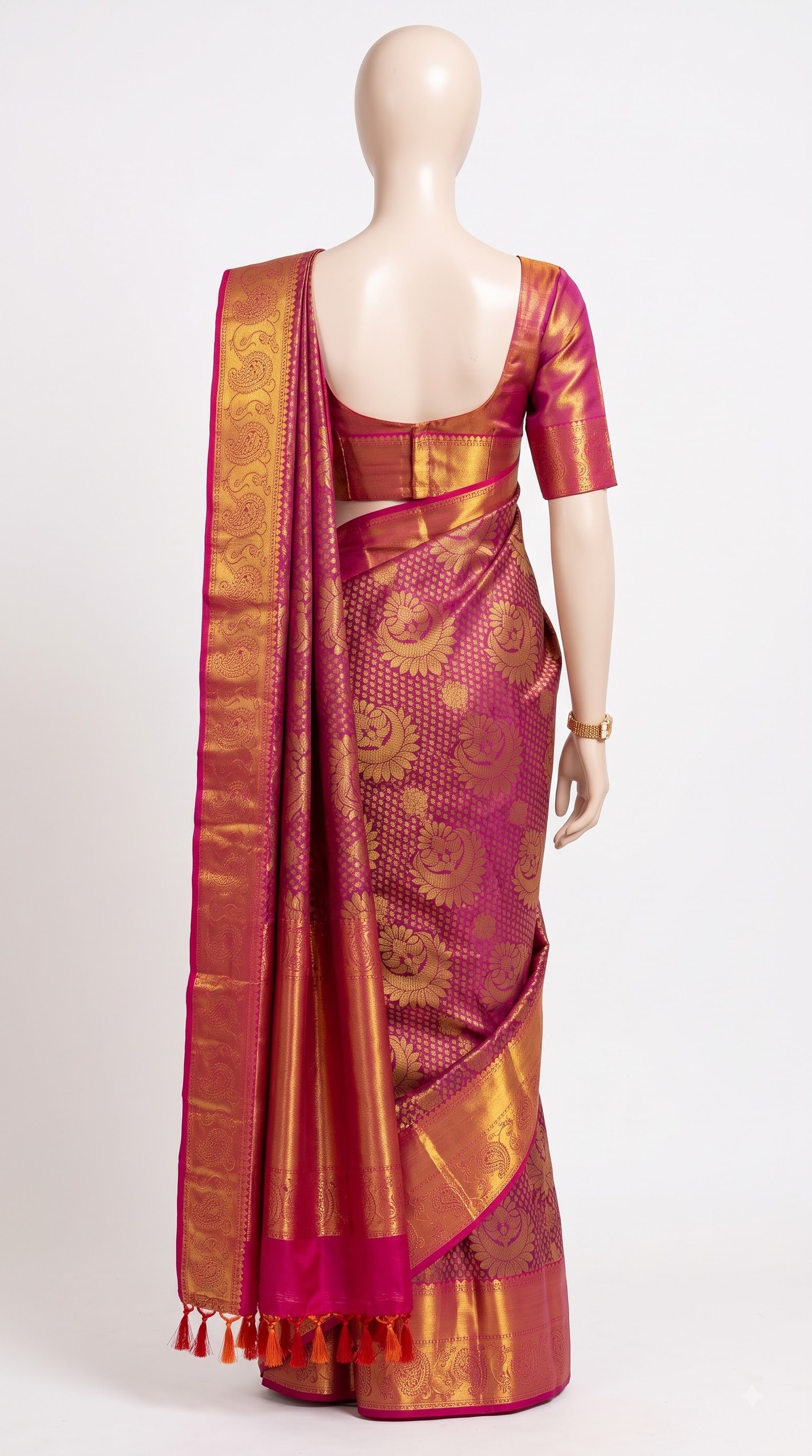 Pure Kanjivaram Silk Saree – Wine Magenta Gold Floral view 5 - Rangam Saradha Silks