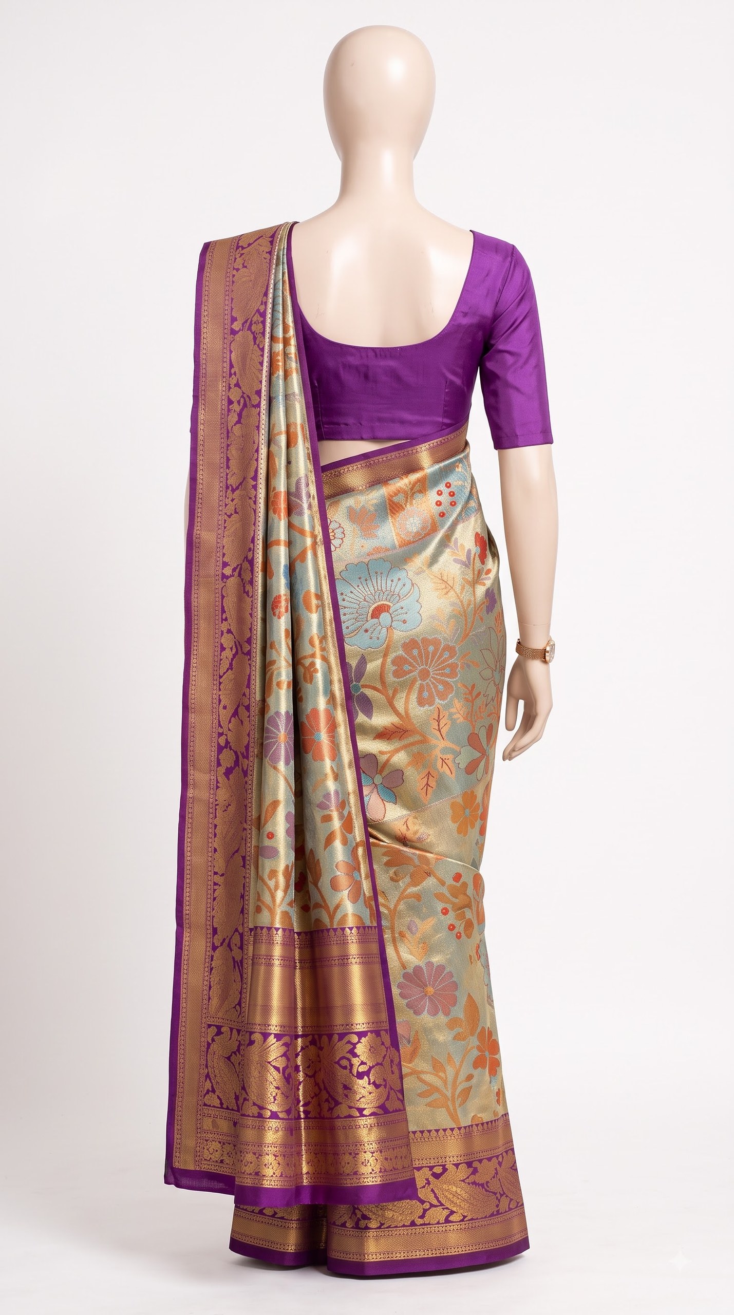 Sage Floral Silk Saree with Multicolor Botanical Weave view 4 - Rangam Saradha Silks