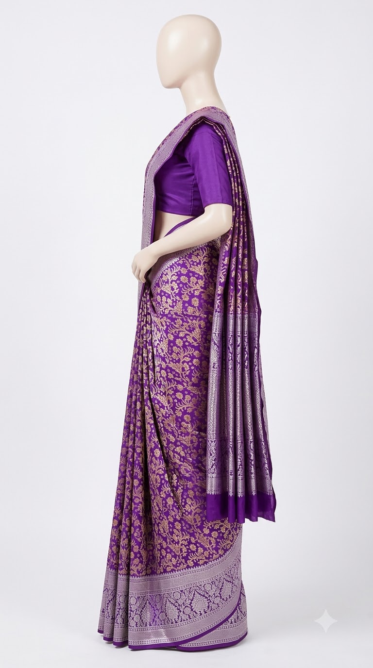 Pure Kanjivaram Silk Saree – Royal Purple Gold Floral view 4 - Rangam Saradha Silks