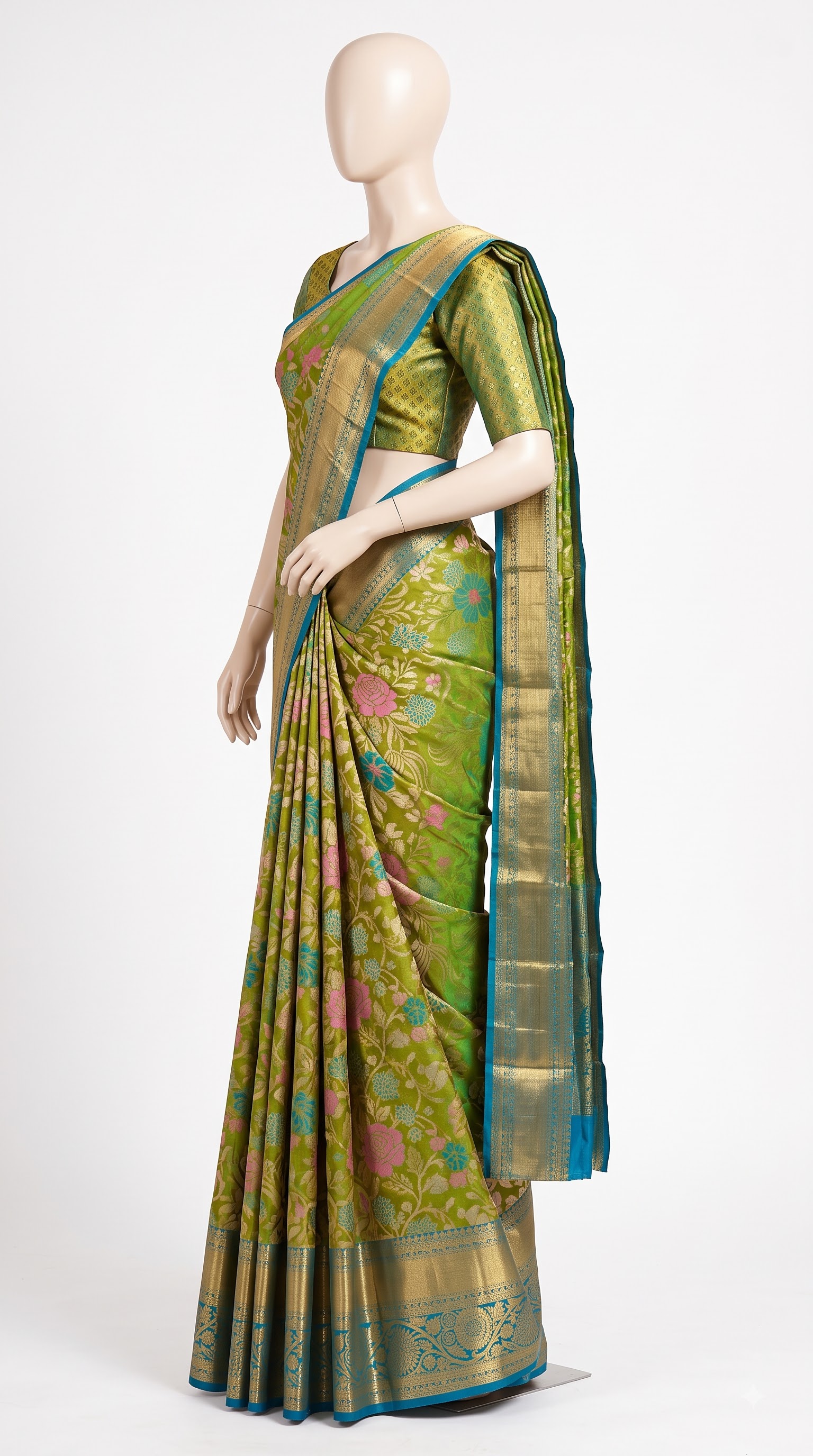 Pure Kanjivaram Silk Saree – Olive Green Teal Gold view 2 - Rangam Saradha Silks