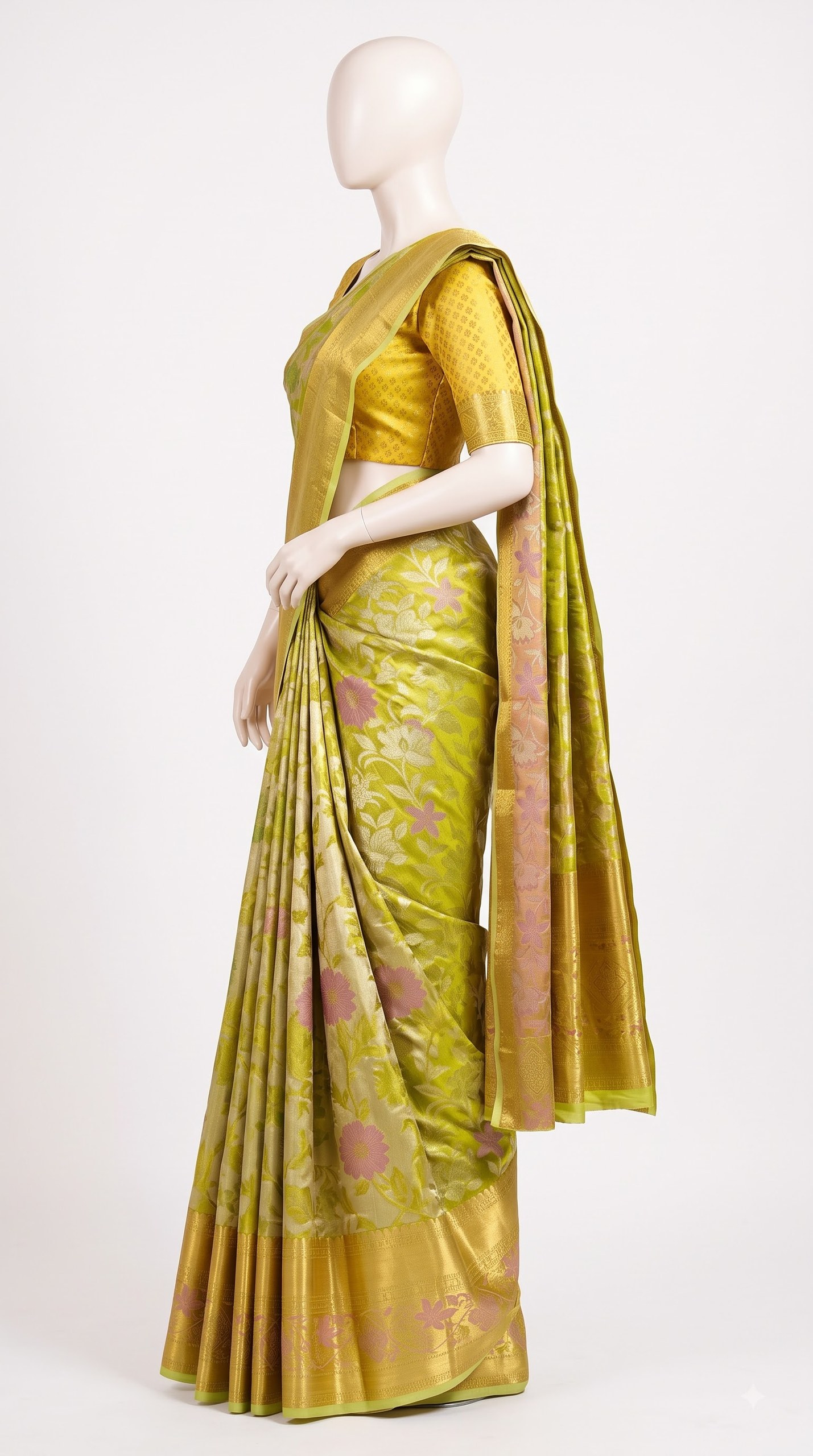 Pure Kanjivaram Silk Saree – Olive Green Antique Gold Floral view 4 - Rangam Saradha Silks