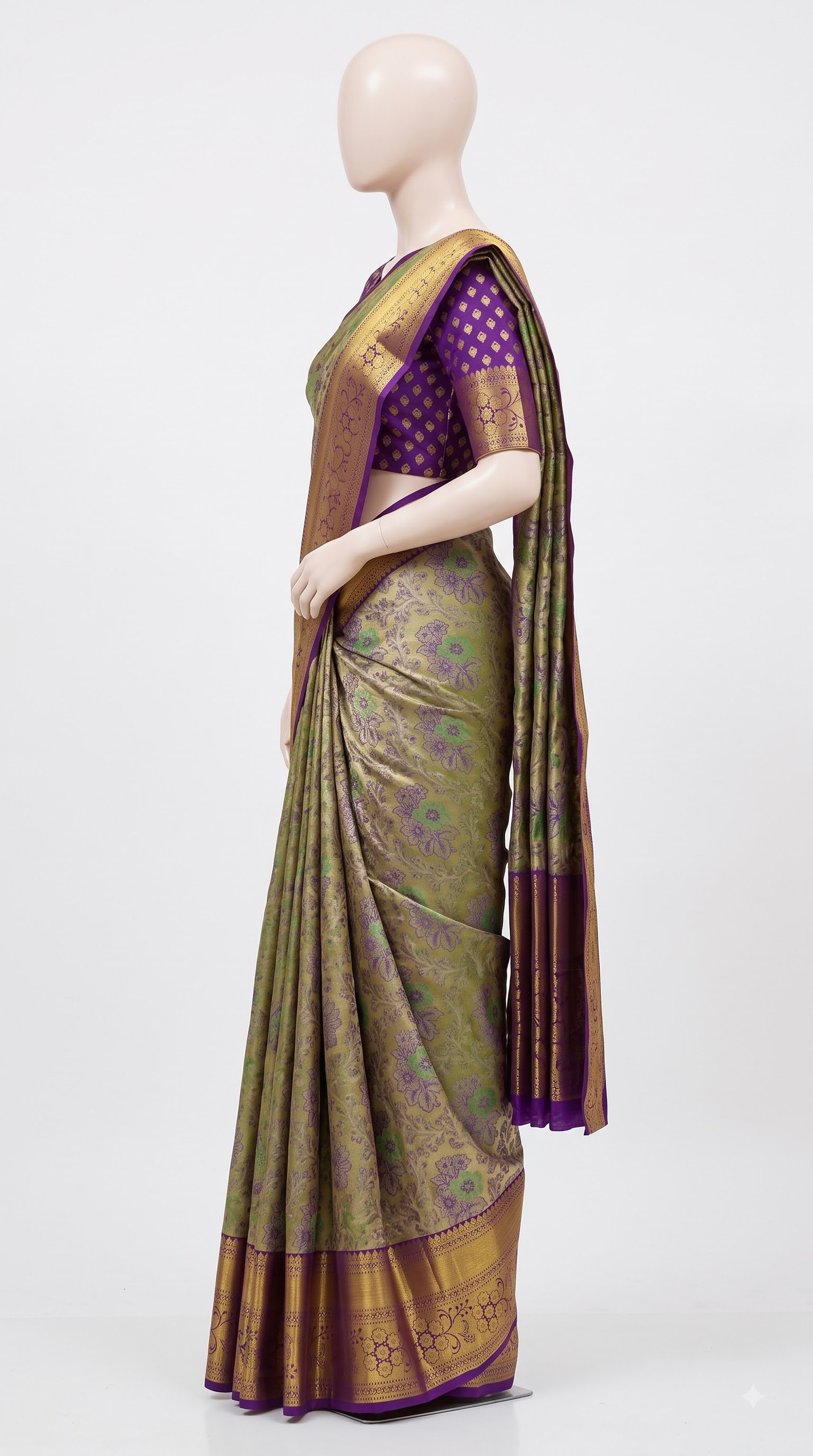 Pure Kanjivaram Silk Saree – Antique Gold Purple Floral view 3 - Rangam Saradha Silks