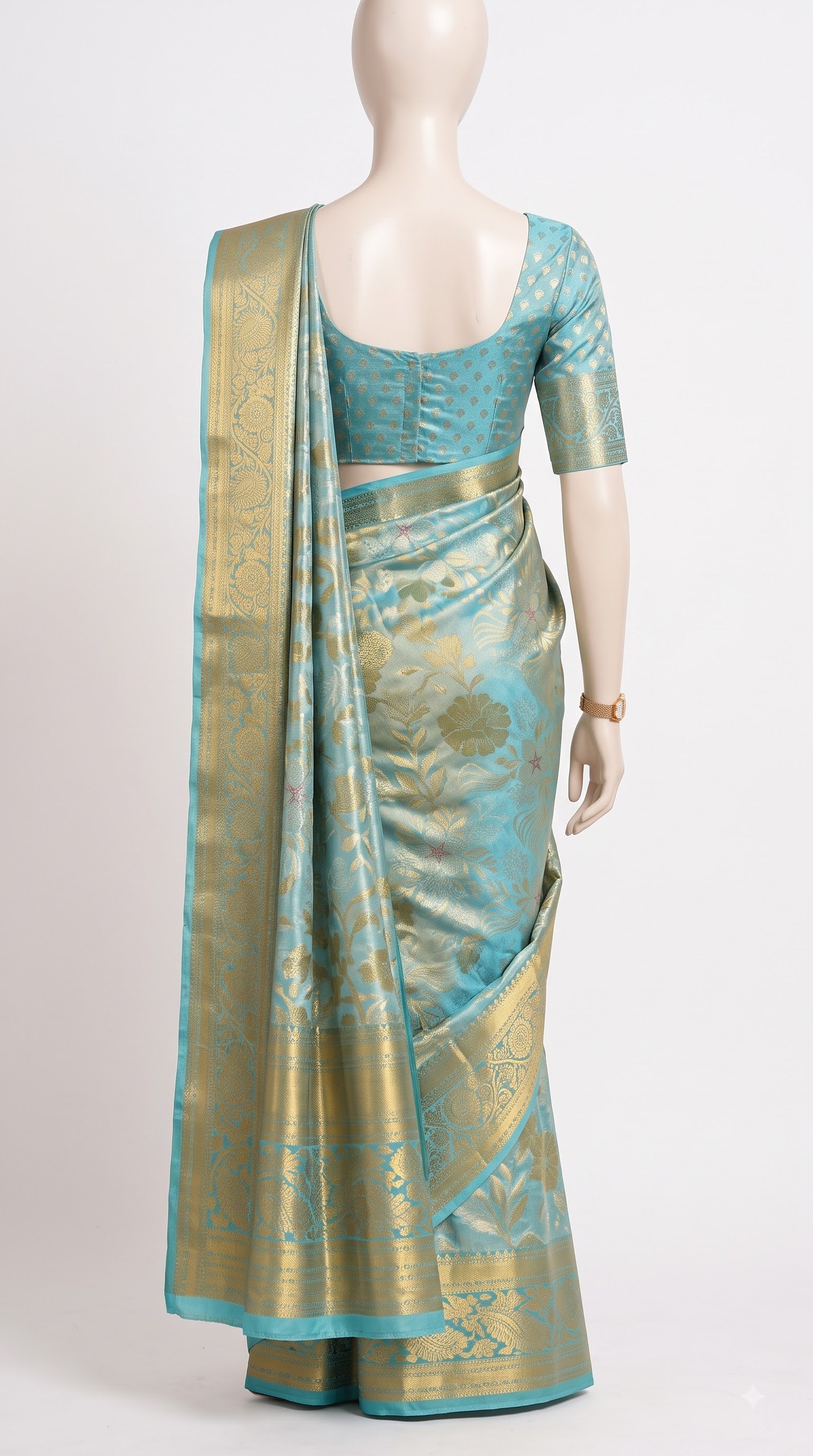 Pure Kanjivaram Silk Saree – Sea Green Blue Floral view 7 - Rangam Saradha Silks