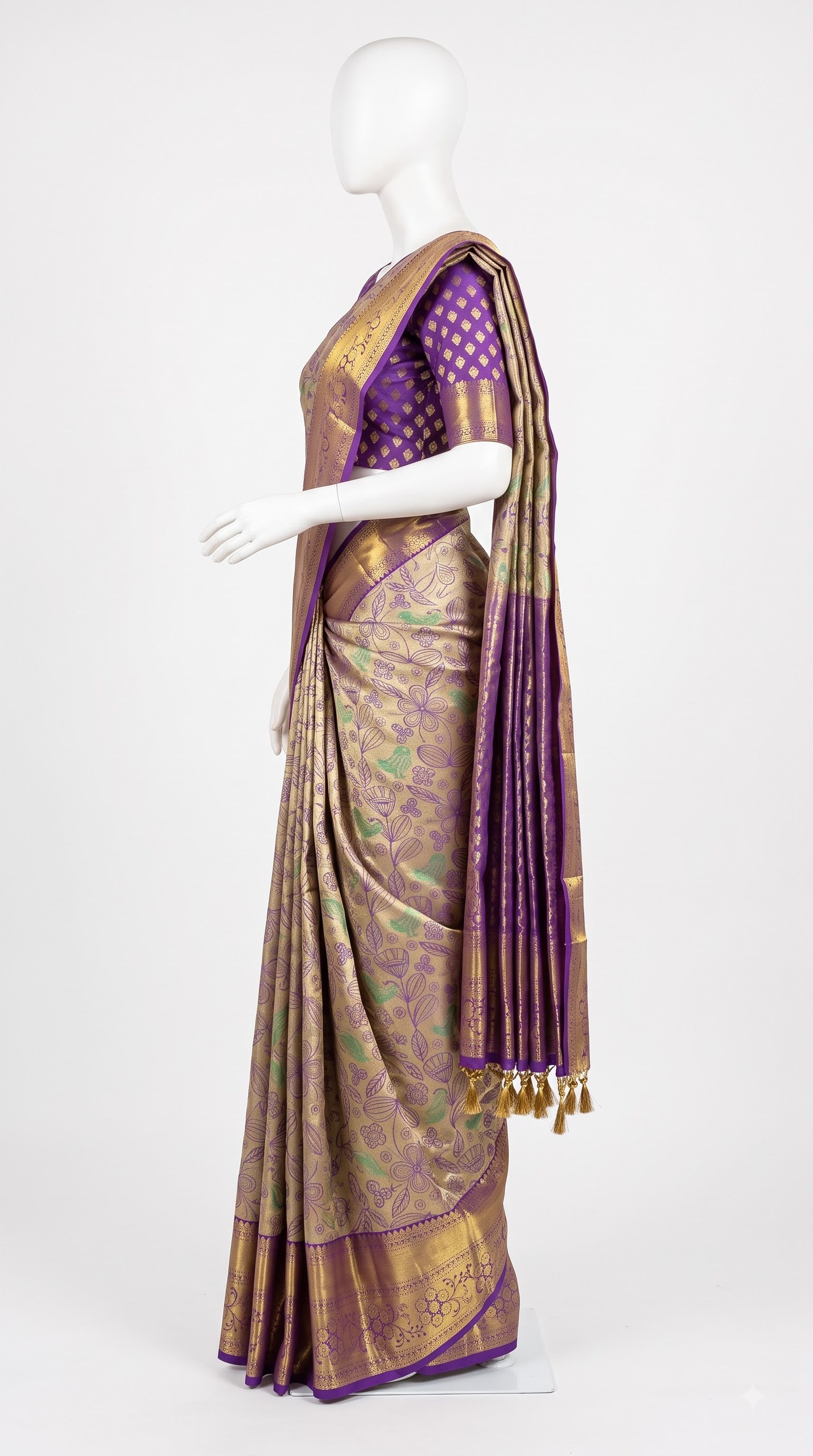 Kanjivaram Silk Saree – Antiquee Gold Purple Floral view 5 - Rangam Saradha Silks