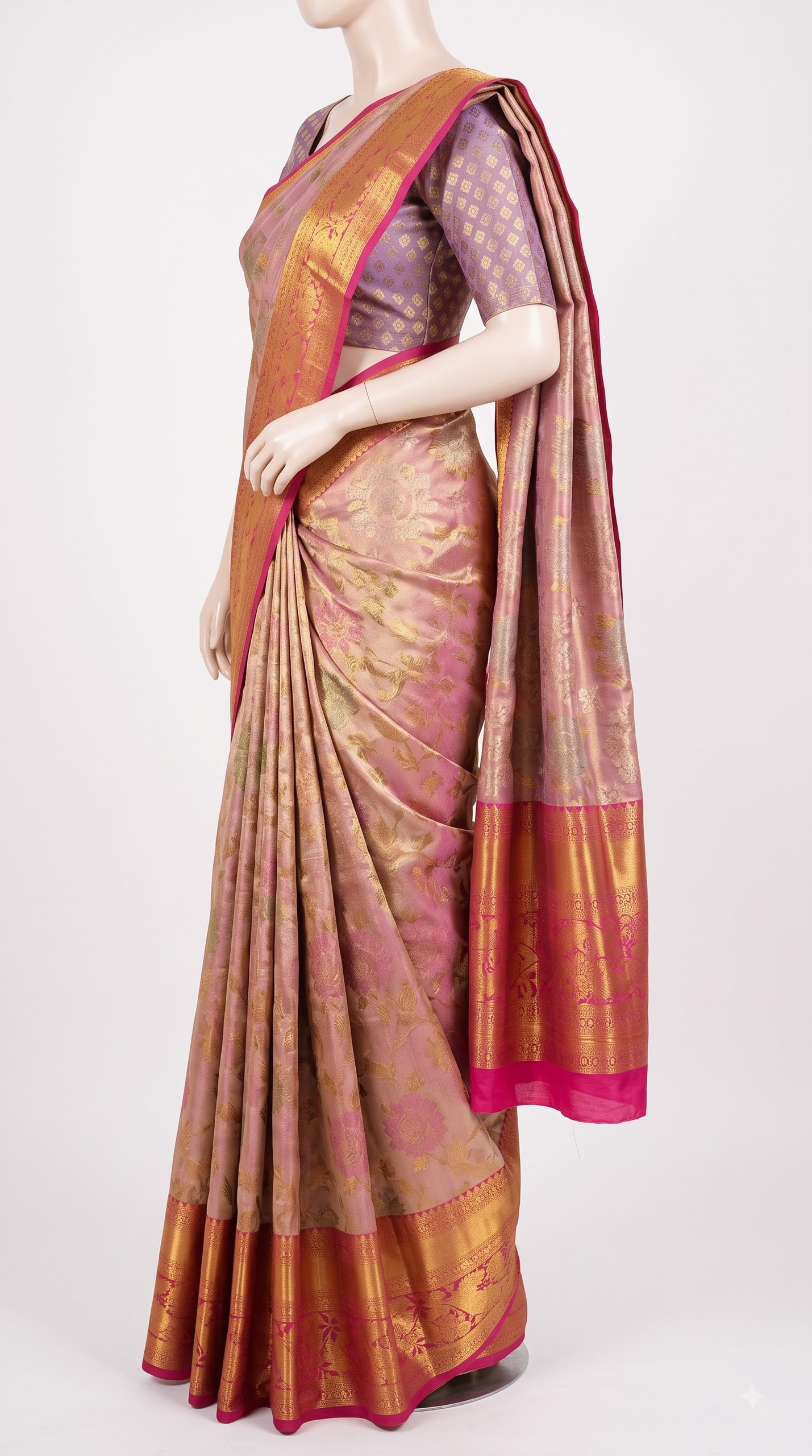 Pure Kanjivaram Silk Saree – Mauve Gold Sage Floral view 5 - Rangam Saradha Silks