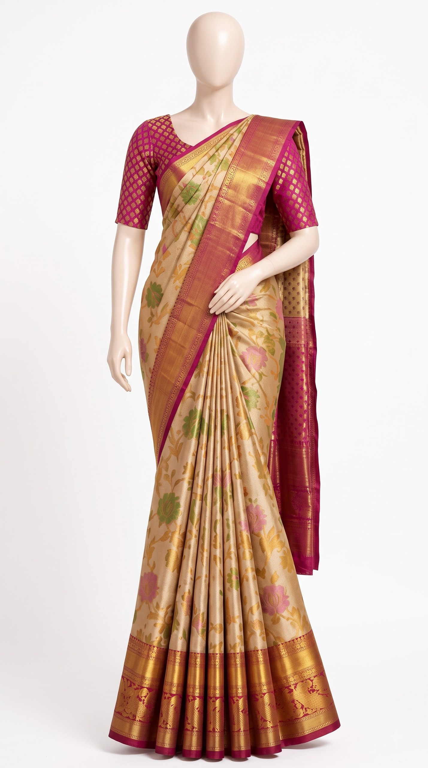 Pure Kanjivaram Silk Saree – Champagne Gold Wine Floral