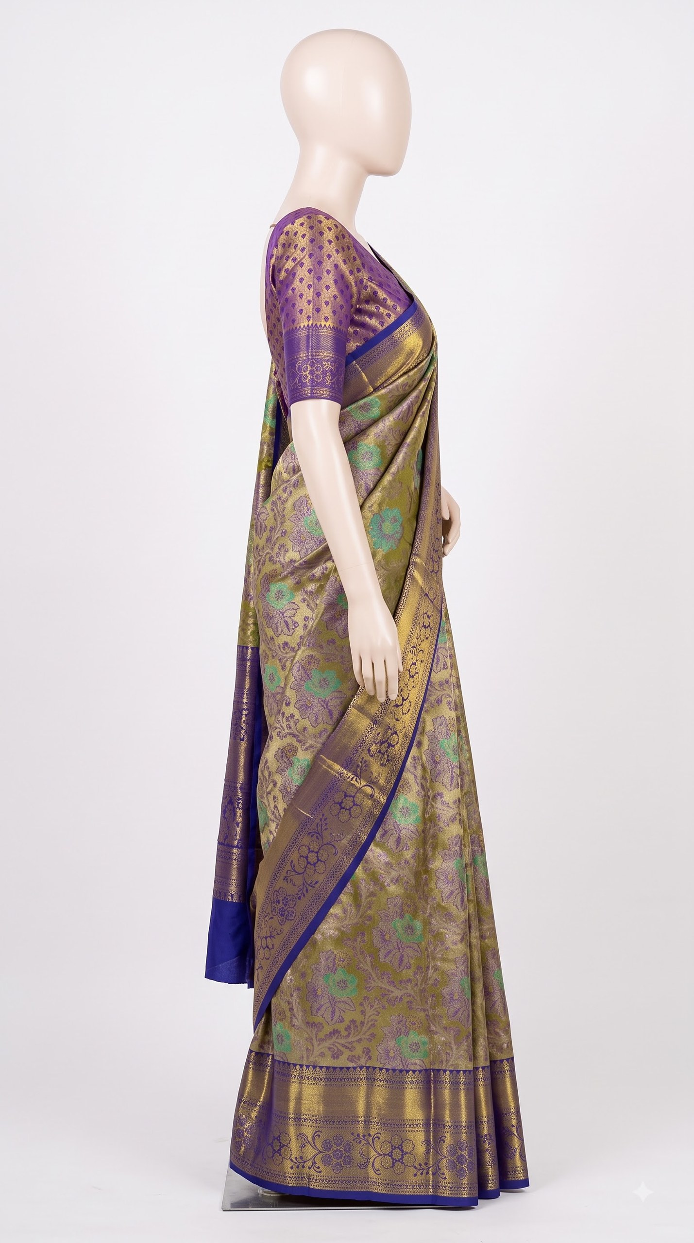 Pure Kanjivaram Silk Saree – Olive Green Purple Floral view 4 - Rangam Saradha Silks