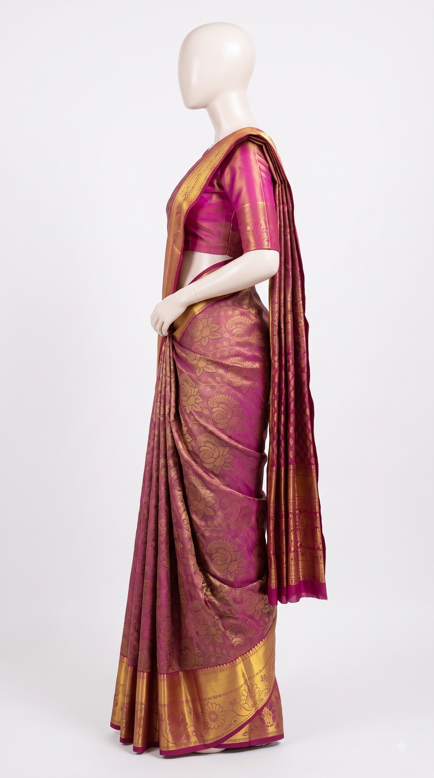 Pure Kanjivaram Silk Saree – Wine Magenta Antique Gold Rose Floral view 5 - Rangam Saradha Silks