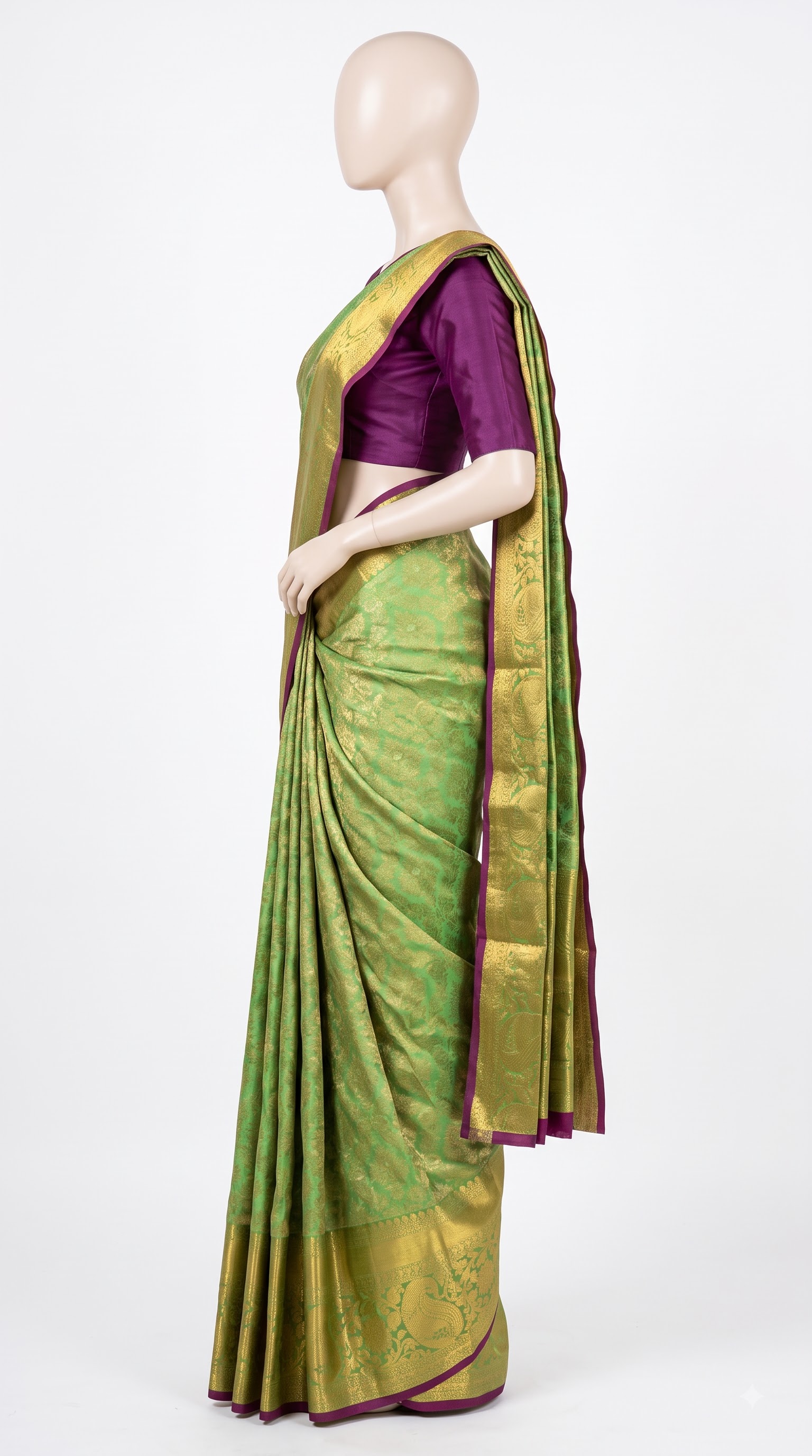 Pure Kanjivaram Silk Saree – Mint Green Magenta Peacock view 3 - Rangam Saradha Silks