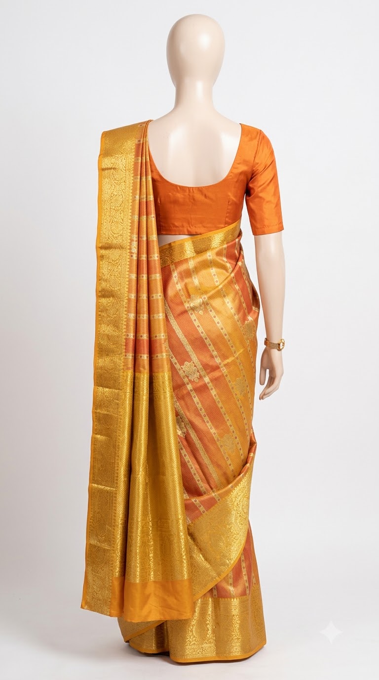 Kanjivaram Silk Saree – Rust Orange & Golden view 3 - Rangam Saradha Silks