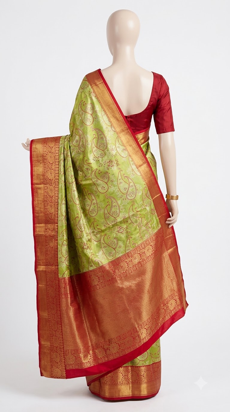 Pure Kanjivaram Silk Saree – Parrot Green Red Gold view 4 - Rangam Saradha Silks