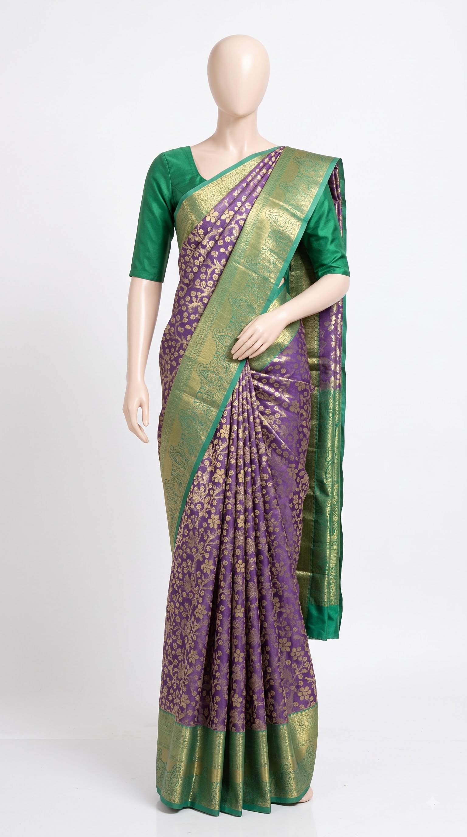 Pure Kanjivaram Silk Saree – Lavender Gold Teal Floral