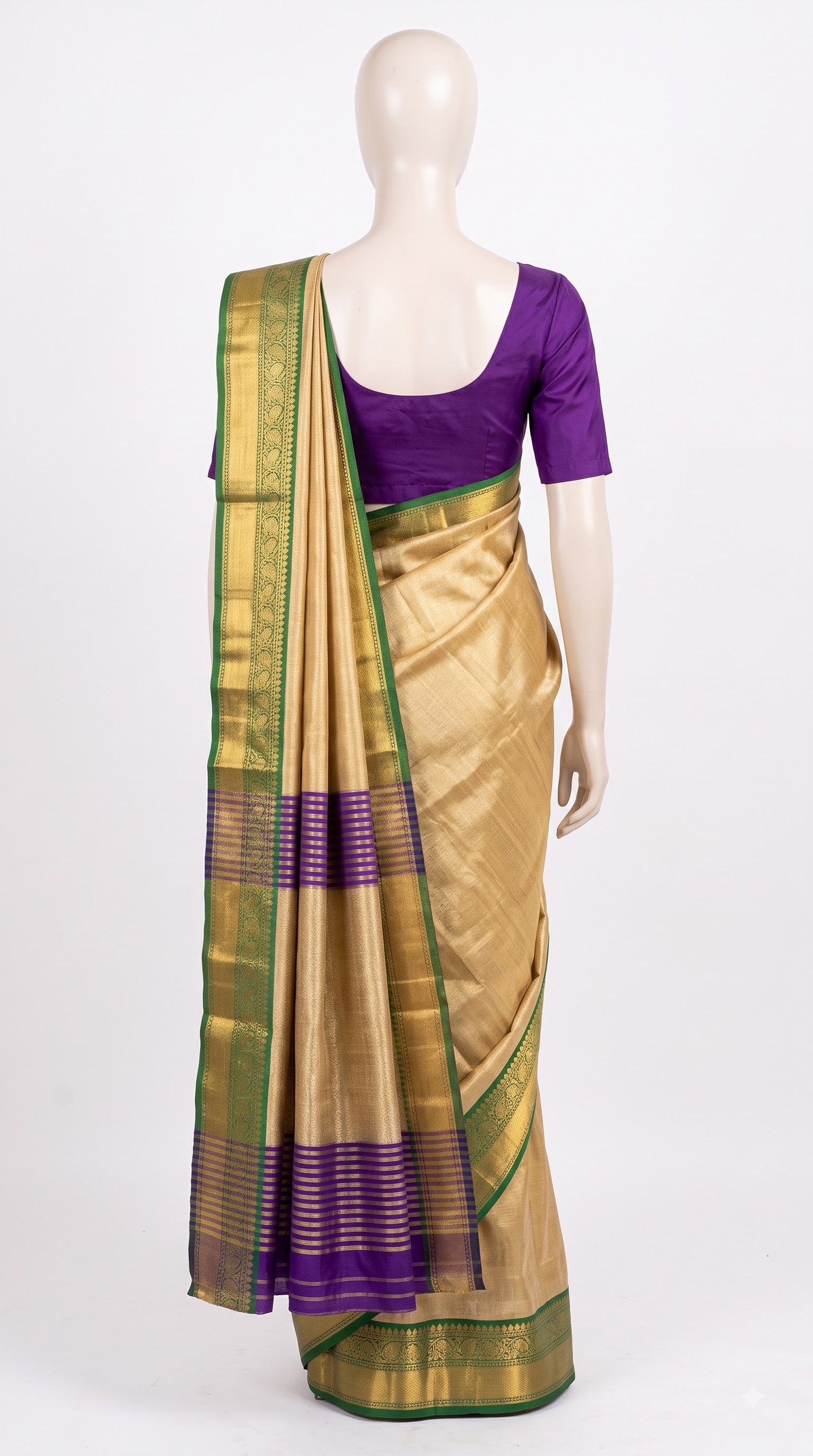 Pure Kanjivaram Silk Saree – Golden Beige Royal Blue Green view 4 - Rangam Saradha Silks