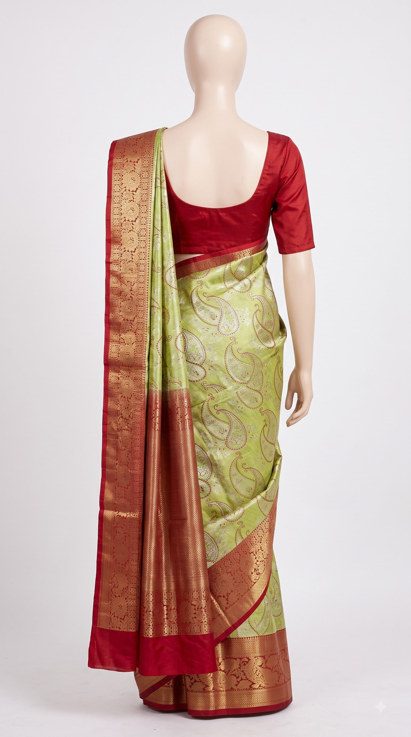 Pure Kanjivaram Silk Saree – Green Red Paisley Floral view 4 - Rangam Saradha Silks