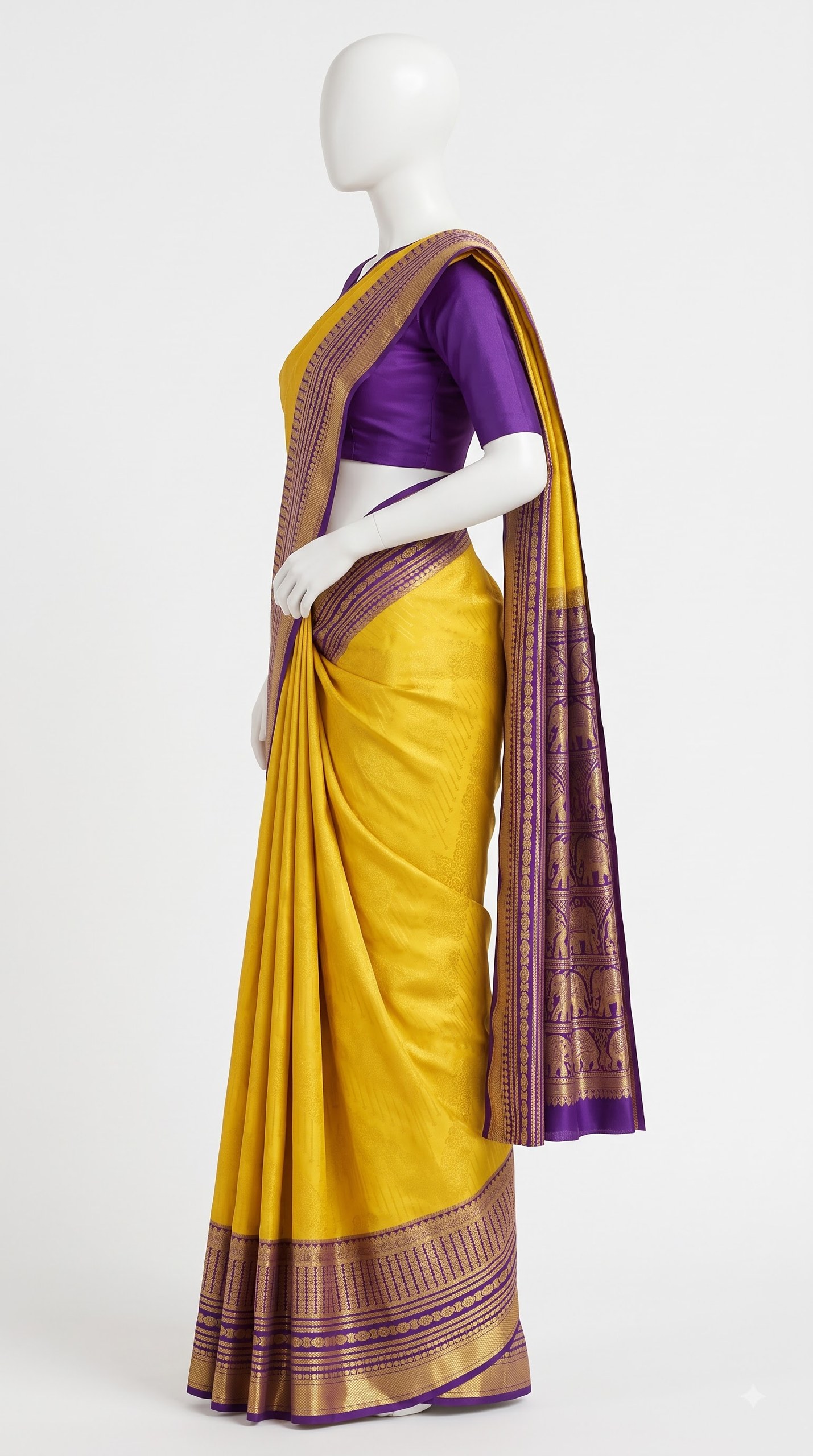 Sunshine Yellow Silk Saree with Plum Antique Zari Border view 3 - Rangam Saradha Silks