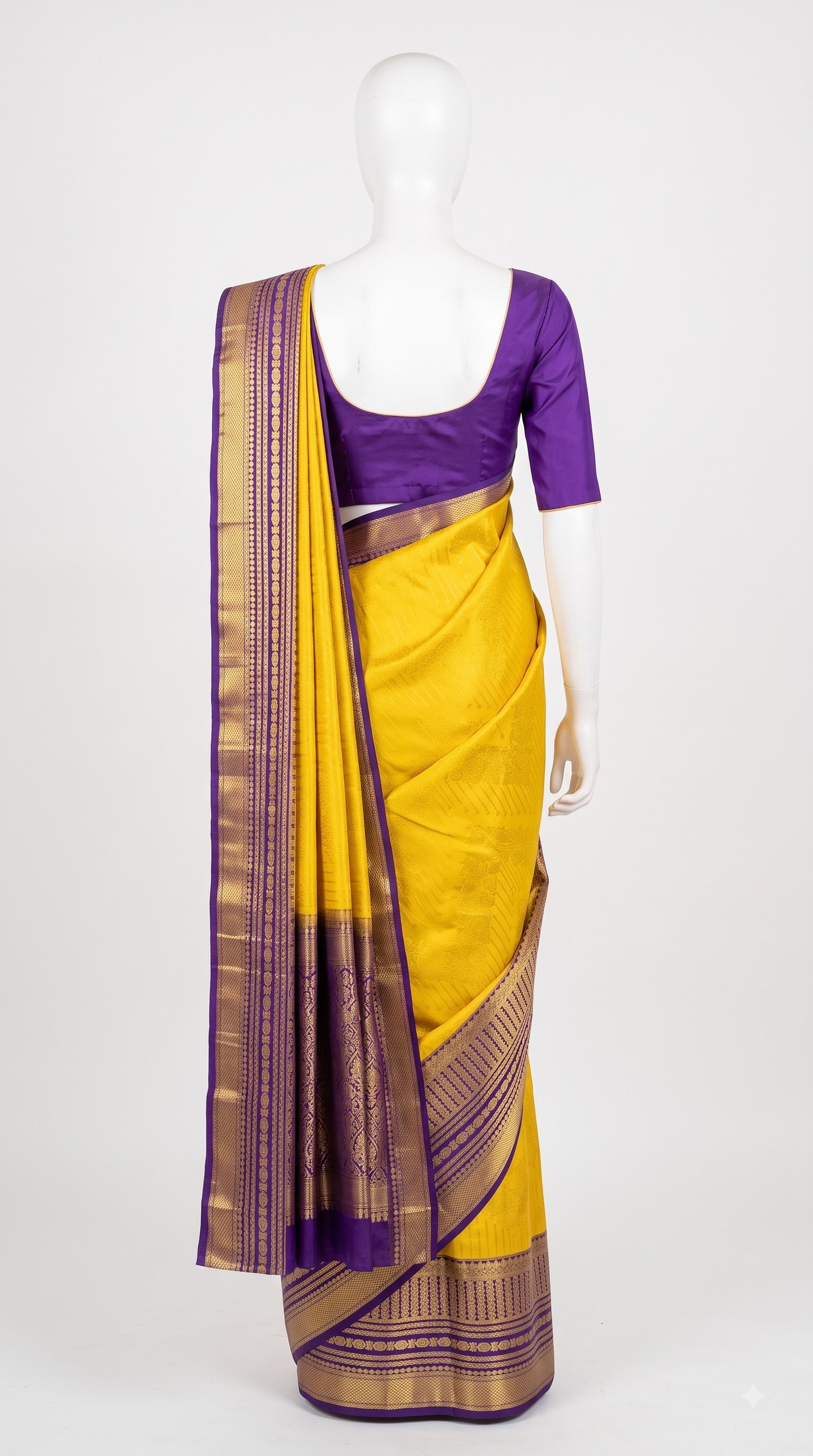 Sunshine Yellow Silk Saree with Plum Antique Zari Border view 4 - Rangam Saradha Silks