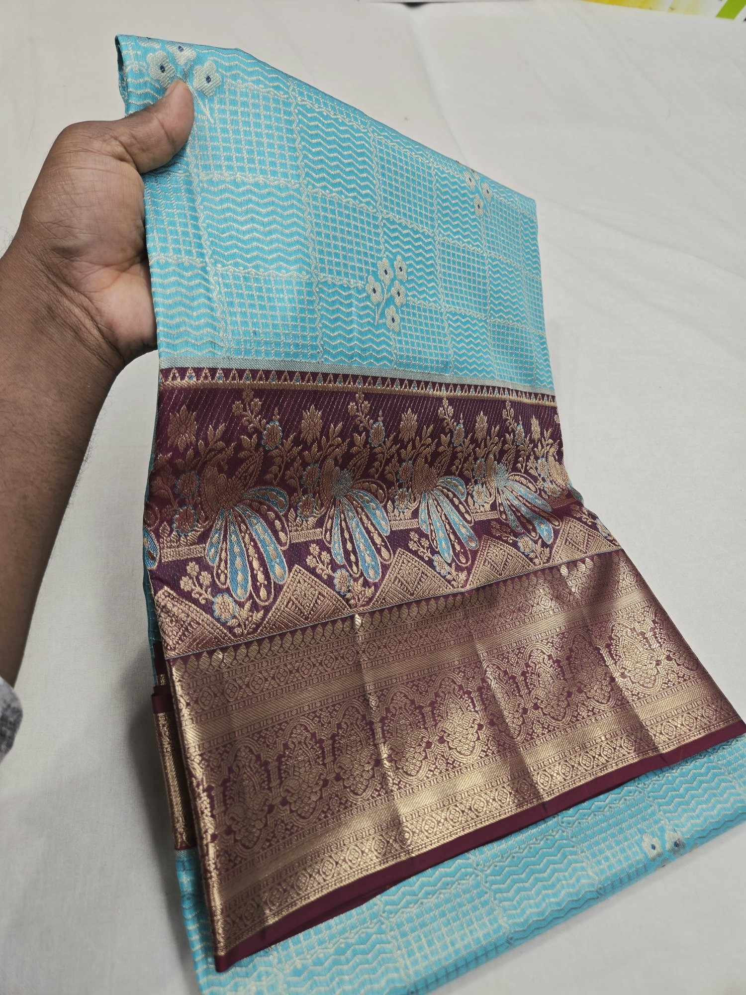 Pure Kanjivaram Silk Saree – Aqua Blue Maroon Gold Peacock view 4 - Rangam Saradha Silks