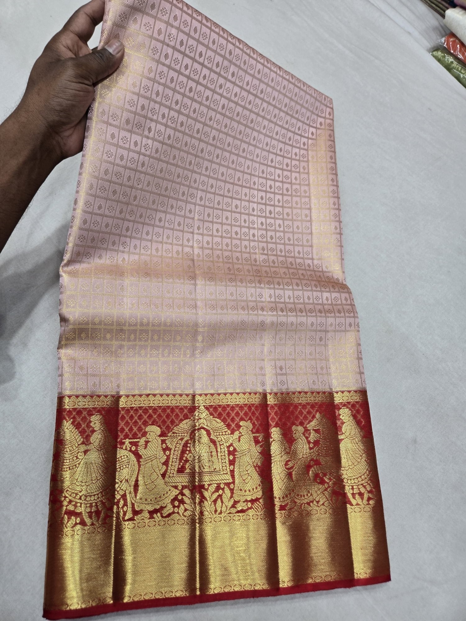 Pure Kanjivaram Silk Saree – Ivory Red Gold Temple Procession view 3 - Rangam Saradha Silks