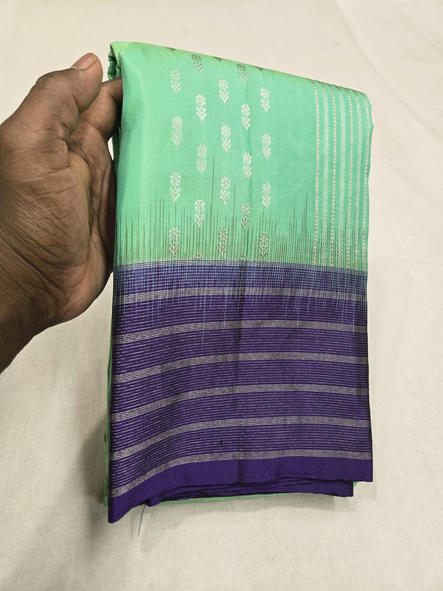 Mint Green Silk Saree with Deep Violet Striped Zari Border view 2 - Rangam Saradha Silks