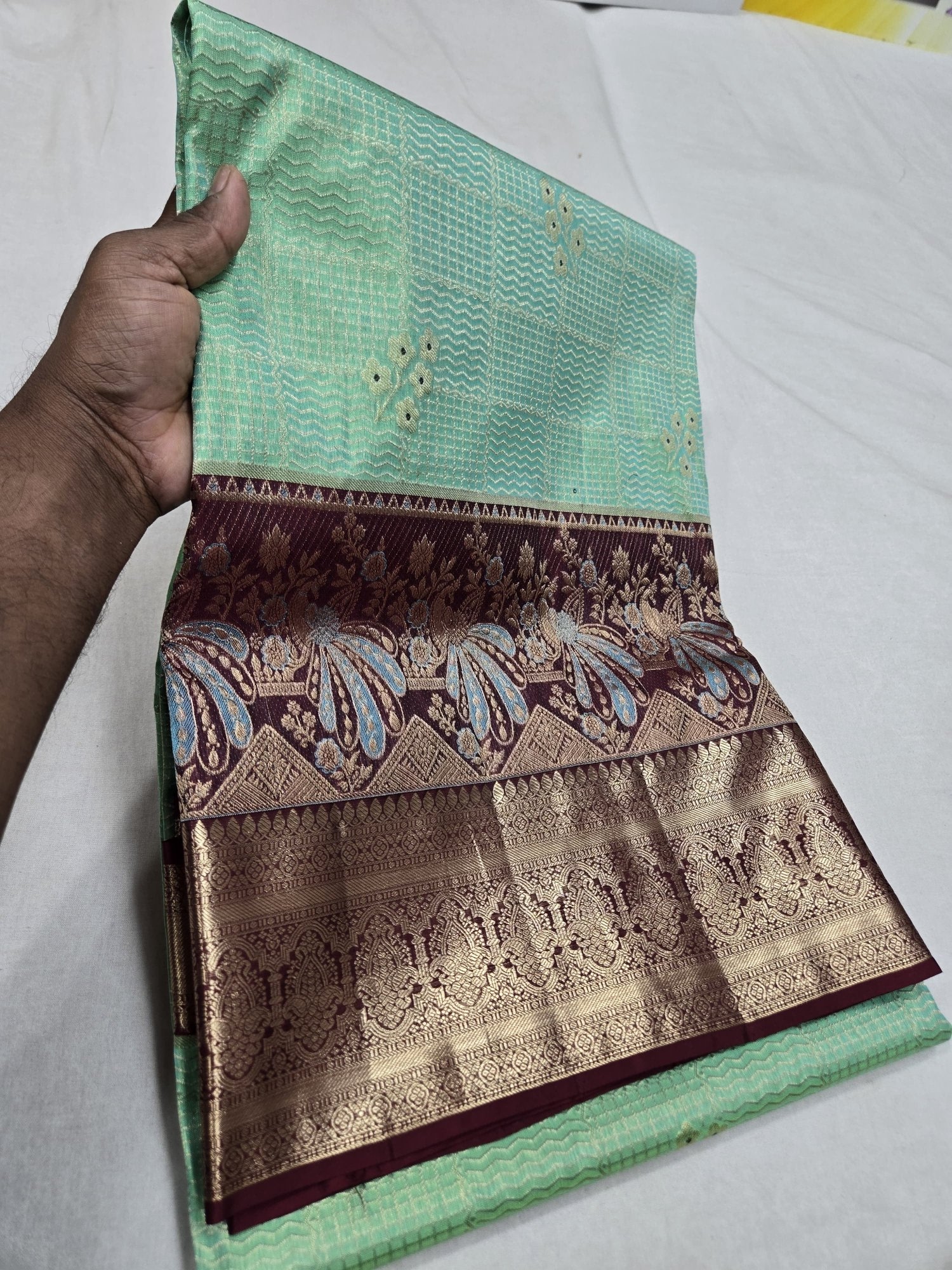 Pure Kanjivaram Silk Saree – Mint Green Wine Gold view 4 - Rangam Saradha Silks