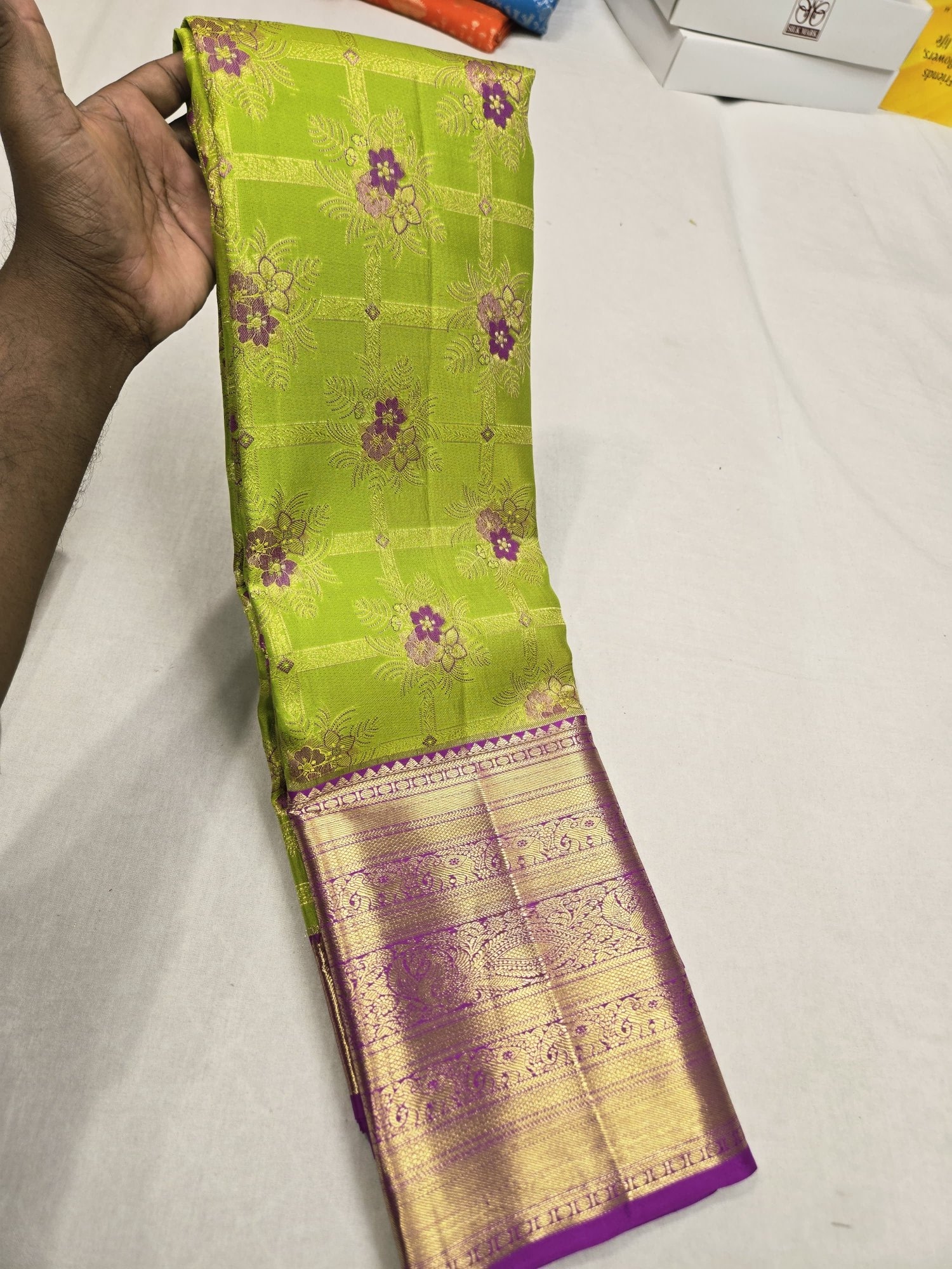 Pure Kanjivaram Silk Saree – Lime Green Purple Gold view 4 - Rangam Saradha Silks