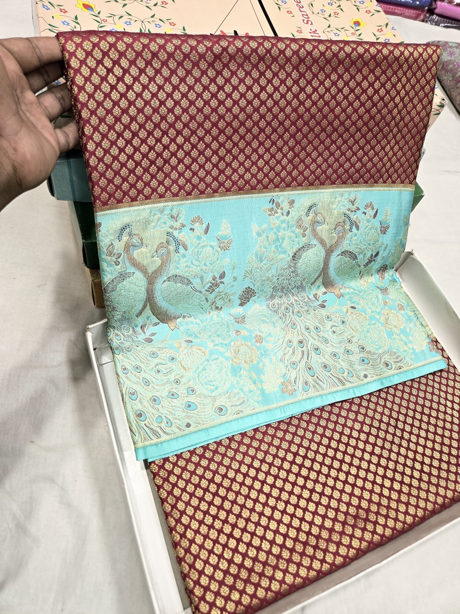 Pure Kanjivaram Silk Saree – Maroon Aqua Blue Gold Peacock view 4 - Rangam Saradha Silks