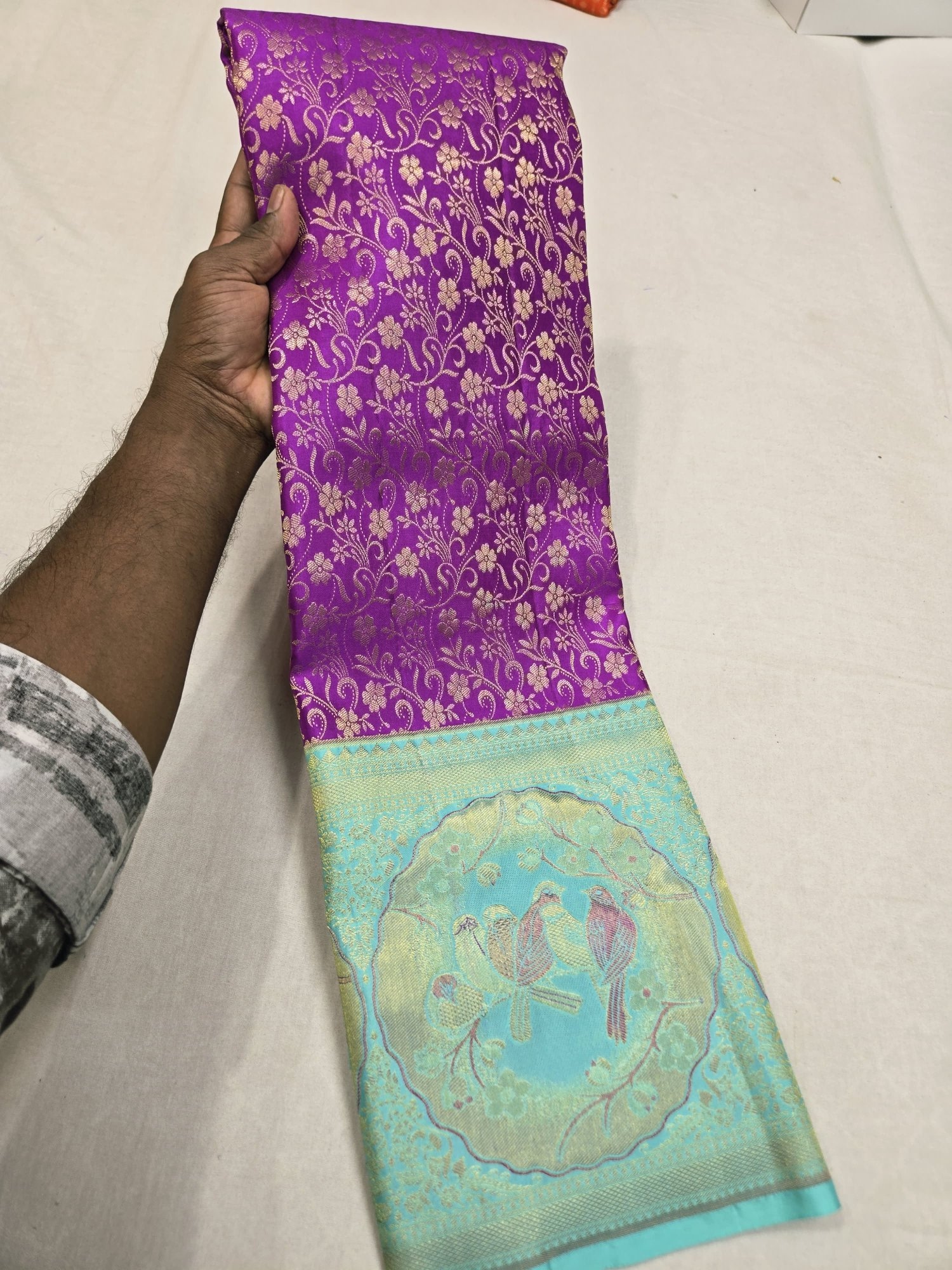 Pure Kanjivaram Silk Saree – Purple Aqua Blue Gold Bird Motif view 4 - Rangam Saradha Silks