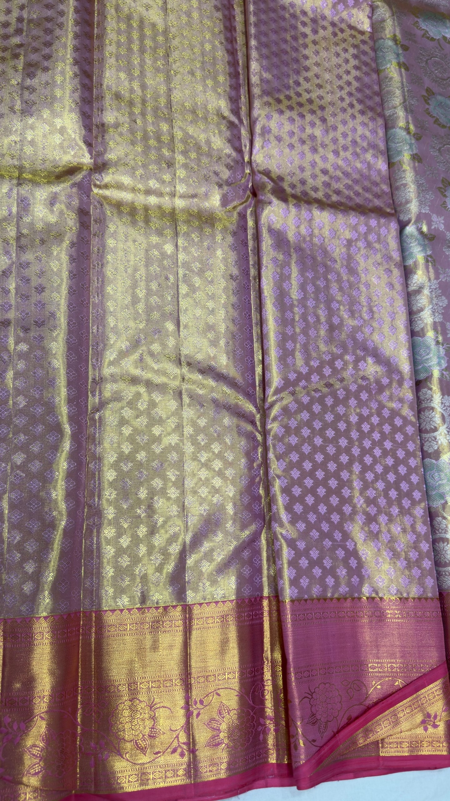 Pure Kanjivaram Silk Saree – Mauve Gold Sage Floral view 6 - Rangam Saradha Silks