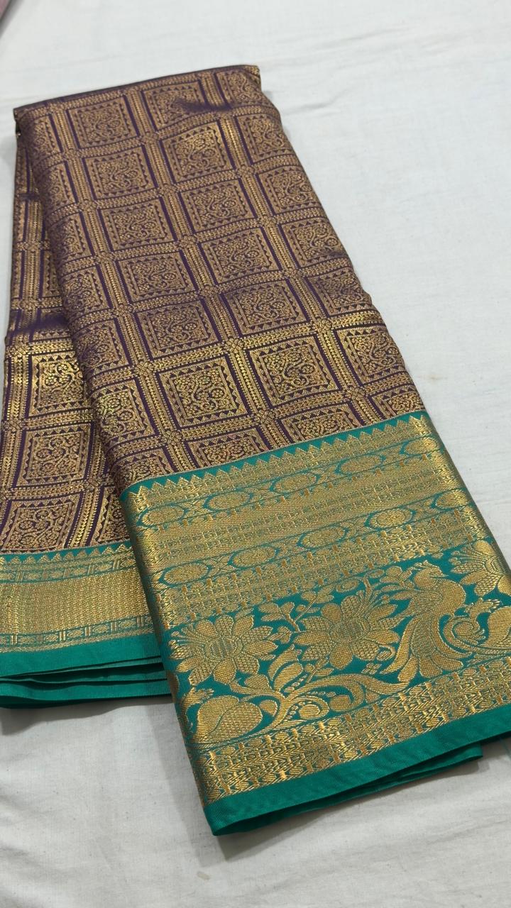 Royal Plum Teal Heritage Square Kanjivaram Silk Saree view 1 - Rangam Saradha Silks