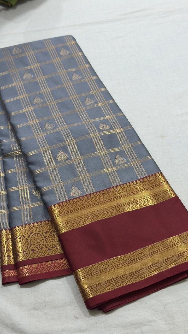 Silver Slate Maroon Grid Kanjivaram Silk Saree view 1 - Rangam Saradha Silks