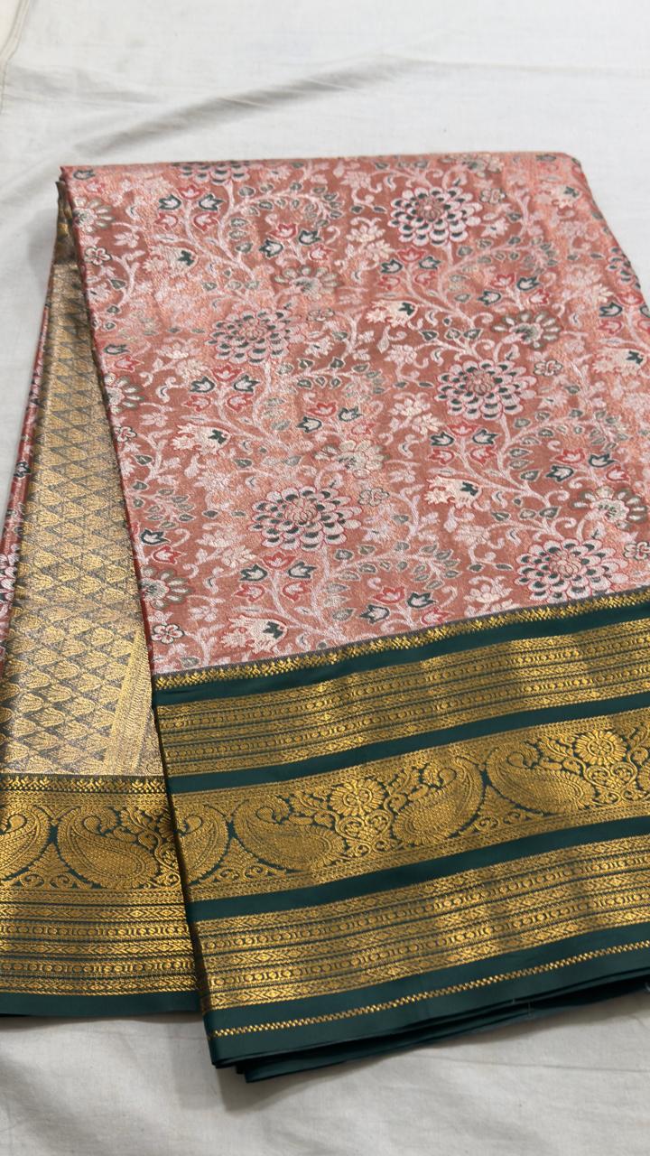 Peach Floral & Deep Green Zari Kanjivaram Silk Saree