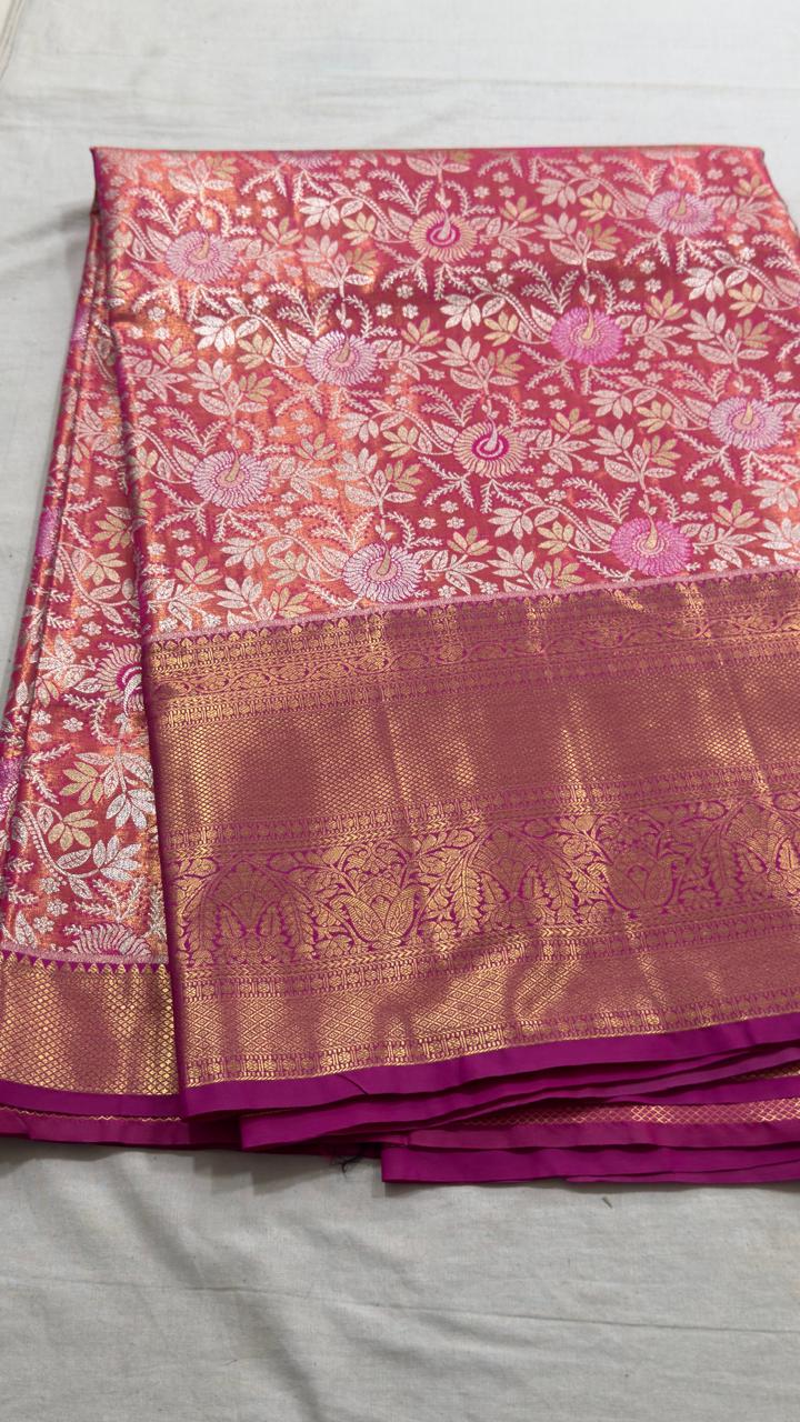 Rose Pink Floral Jaal Kanjivaram Silk Saree