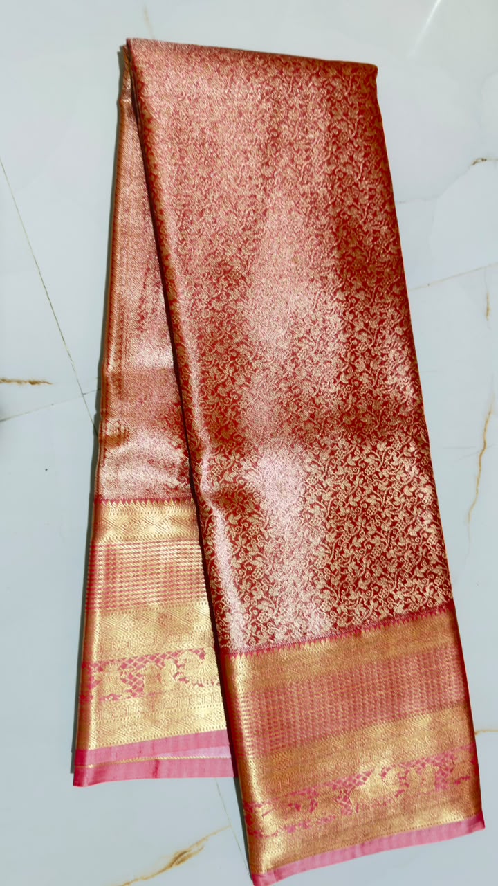 Crimson Rose Gold Brocade Kanchi Silk Saree view 1 - Rangam Saradha Silks