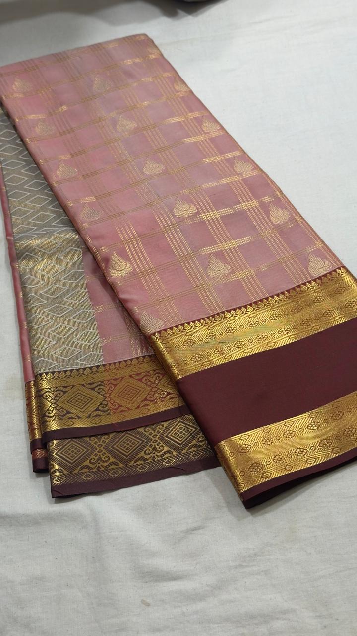 Rose Mist Geometric Heritage Kanjivaram Silk Saree view 1 - Rangam Saradha Silks