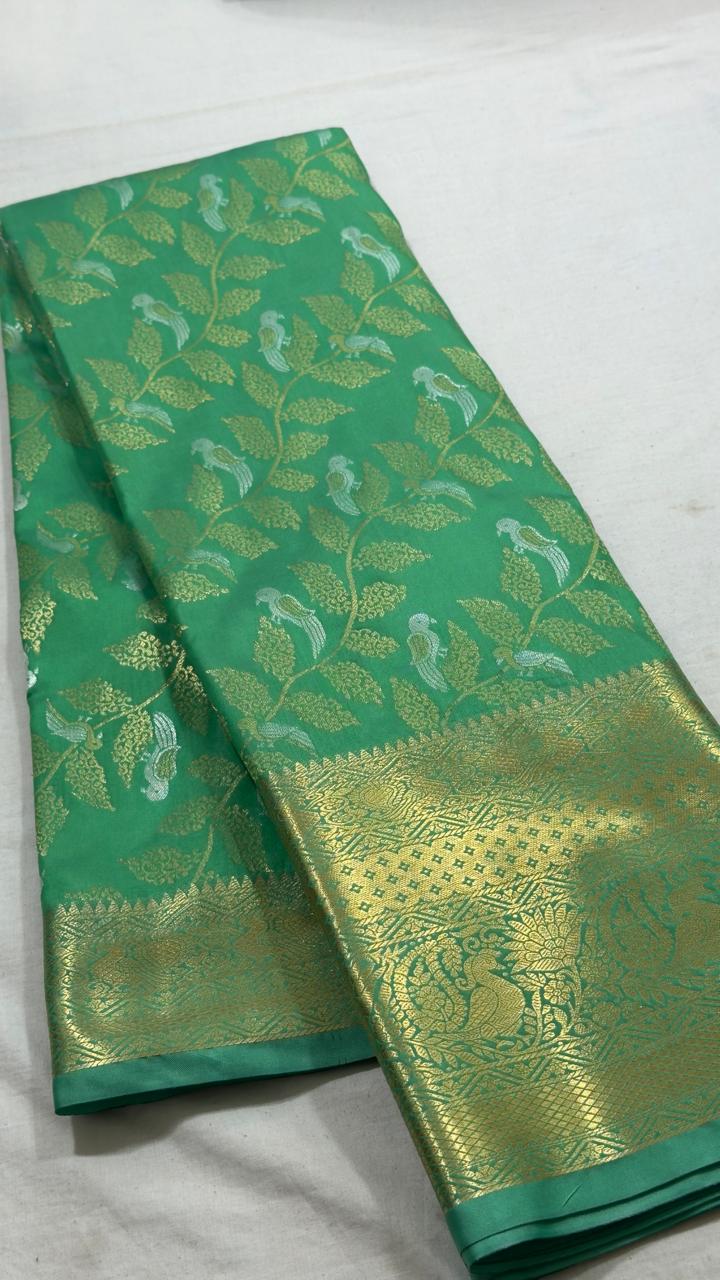 Emerald Parrot Garden Kanjivaram Silk Saree view 1 - Rangam Saradha Silks