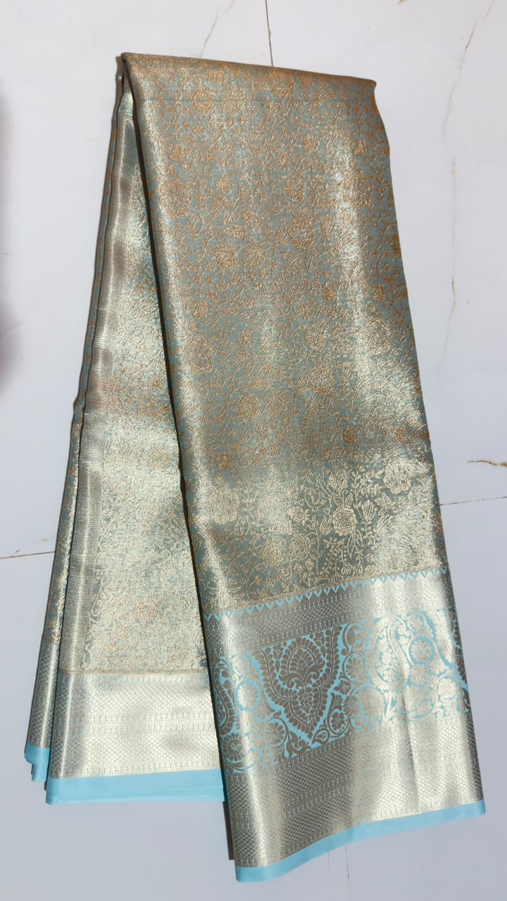Ice Blue Silver Paisley Kanchi Silk Saree