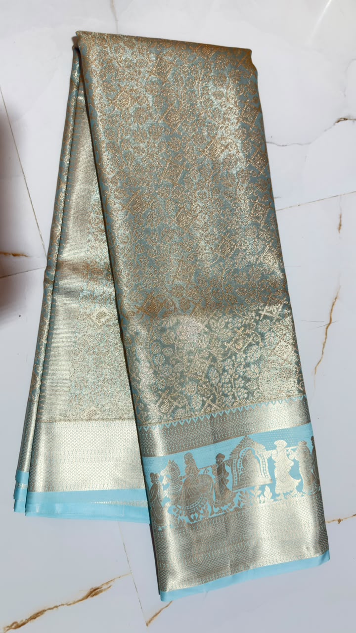 Aqua Blue Antique Gold Temple Weave Kanchi Silk Saree view 1 - Rangam Saradha Silks