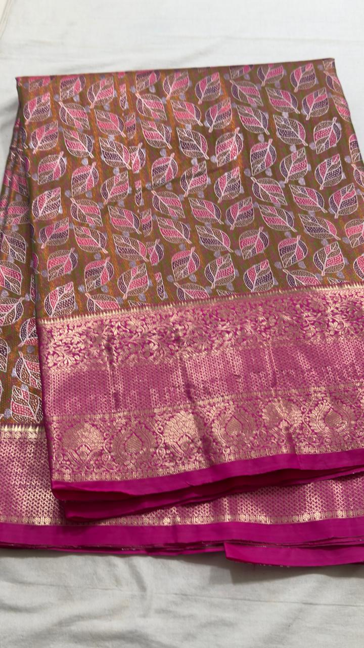 Olive Brown & Magenta Leaf Motif Kanjivaram Silk Saree view 1 - Rangam Saradha Silks