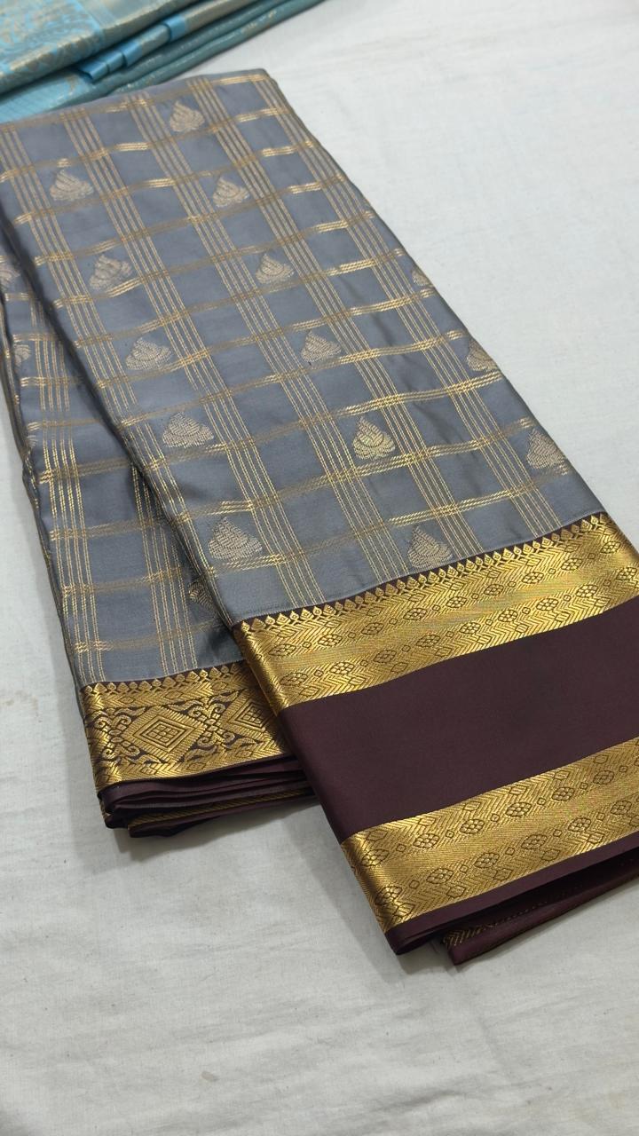 Steel Grey Burgundy Diamond Weave Kanjivaram Silk Saree view 1 - Rangam Saradha Silks