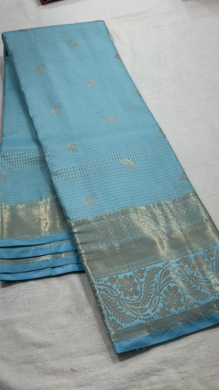 Powder Blue Silverleaf Floral Kanjivaram Silk Saree view 1 - Rangam Saradha Silks