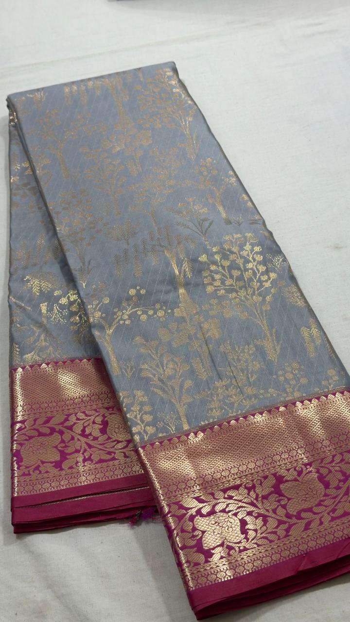 Steel Mist Magenta Floral Trellis Kanjivaram Silk Saree view 1 - Rangam Saradha Silks
